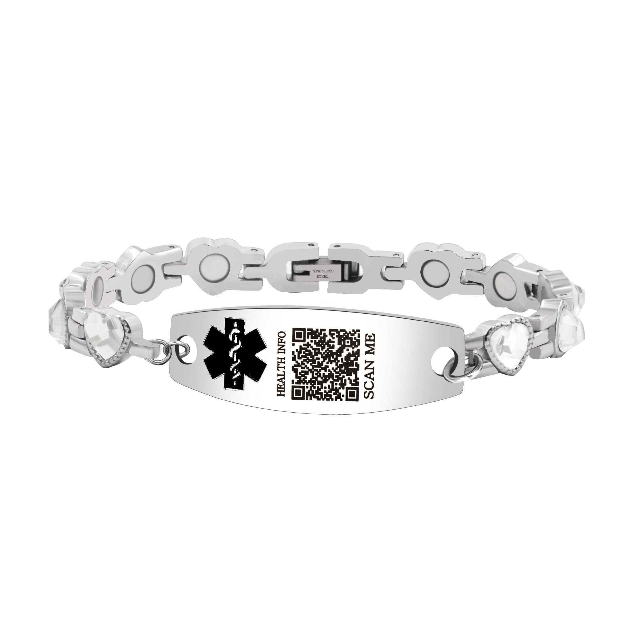 Women’s Medical ID Bracelet with Heart Shaped Zircon Link Chain, Adjustable Stainless Steel Emergency Alert Bracelet, Personalized Engraved Health Info Jewelry for Daily Wear