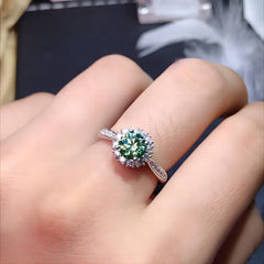 Uloveido S925 Sterling Silver Green Moissanite Solitaire Round Ring for Women, Open Size Engagement Wedding Promise Rings Jewelry