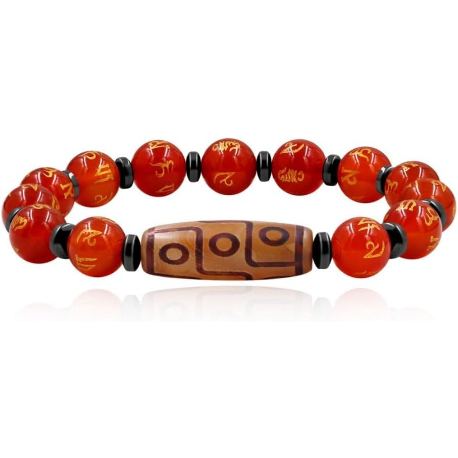 Nine Eyes Dzi Bead Bracelet with Tibetan Mantra Beads, Elastic Buddhist Beaded Bracelet for Men & Women, Green Red Brown Stone Stretch Bracelet for Meditation and Daily Wear