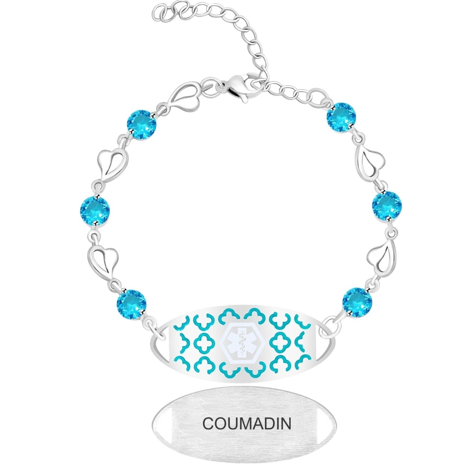 Uloveido Custom Medical ID Bracelet with Blue Cubic Zirconia | Elegant Floral Enamel Design | Adjustable QR Code & Engraved Emergency Contact Bracelet for Women and Travelers