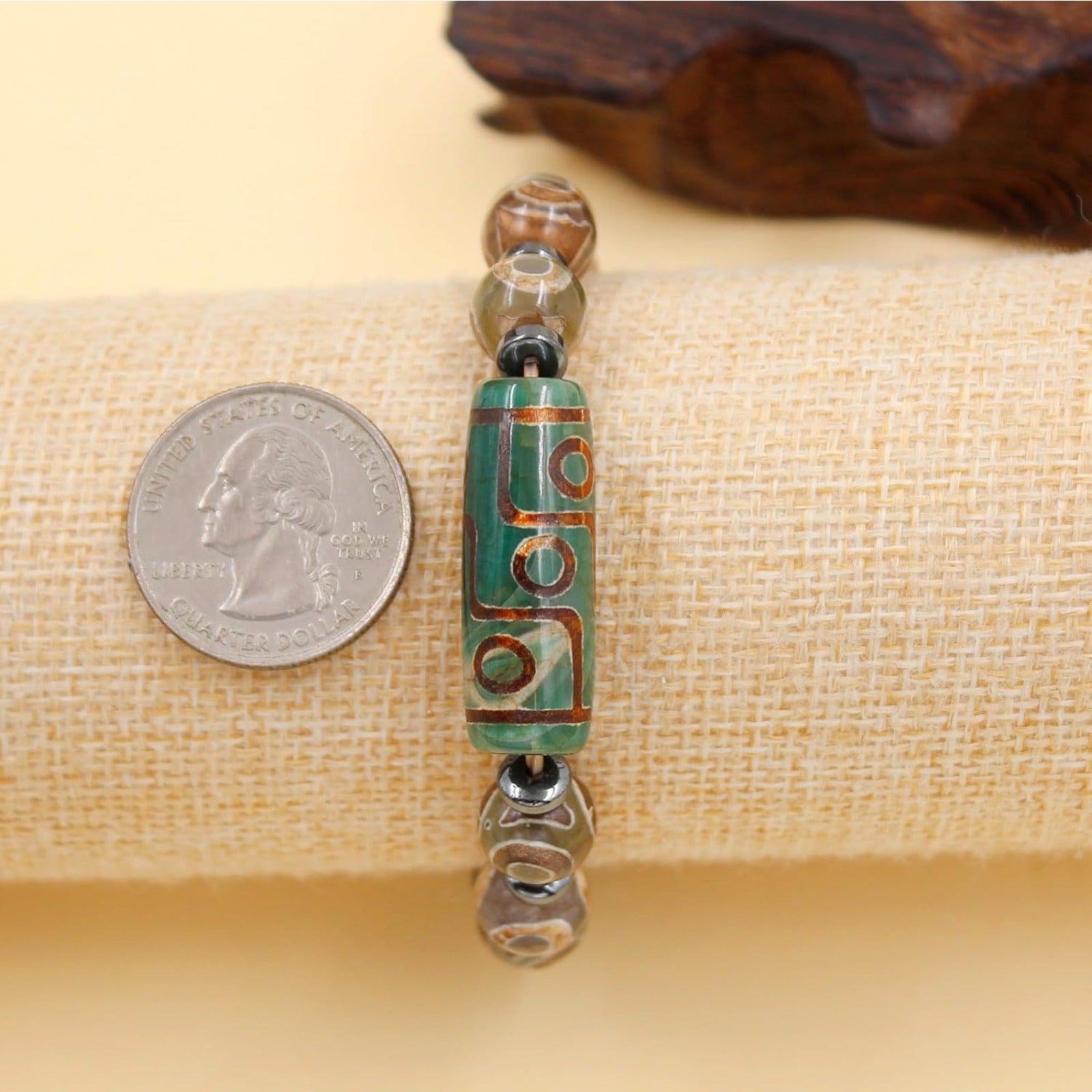 Dzi Bead Tibetan Bracelet for Men Women | Nine Eye Dzi Agate Beaded Bracelet with Hematite Spacers | Feng Shui Buddhist Meditation Amulet Adjustable Style Jewelry Brown Green Black YA5102