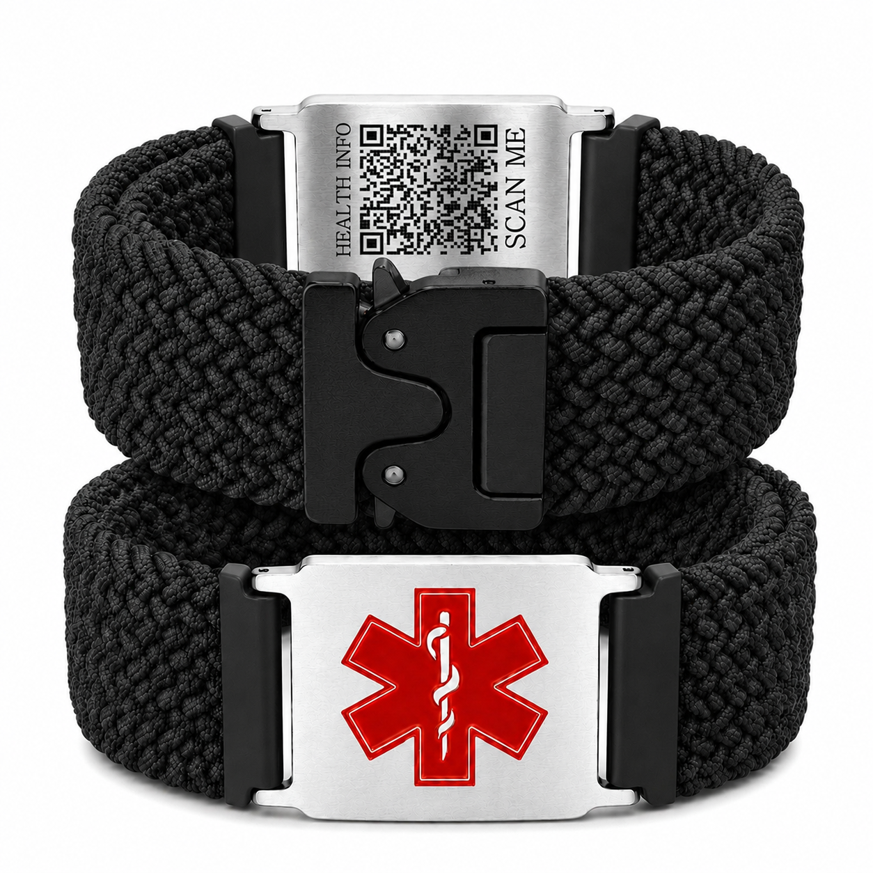 Uloveido Personalized Nylon Medical ID Bracelet with Laser-Engraved Medical Alert Tag and Dynamic QR Code, Braided Elastic Watch Band with Secure Parachute-Style Buckle, 20mm Adjustable for Men