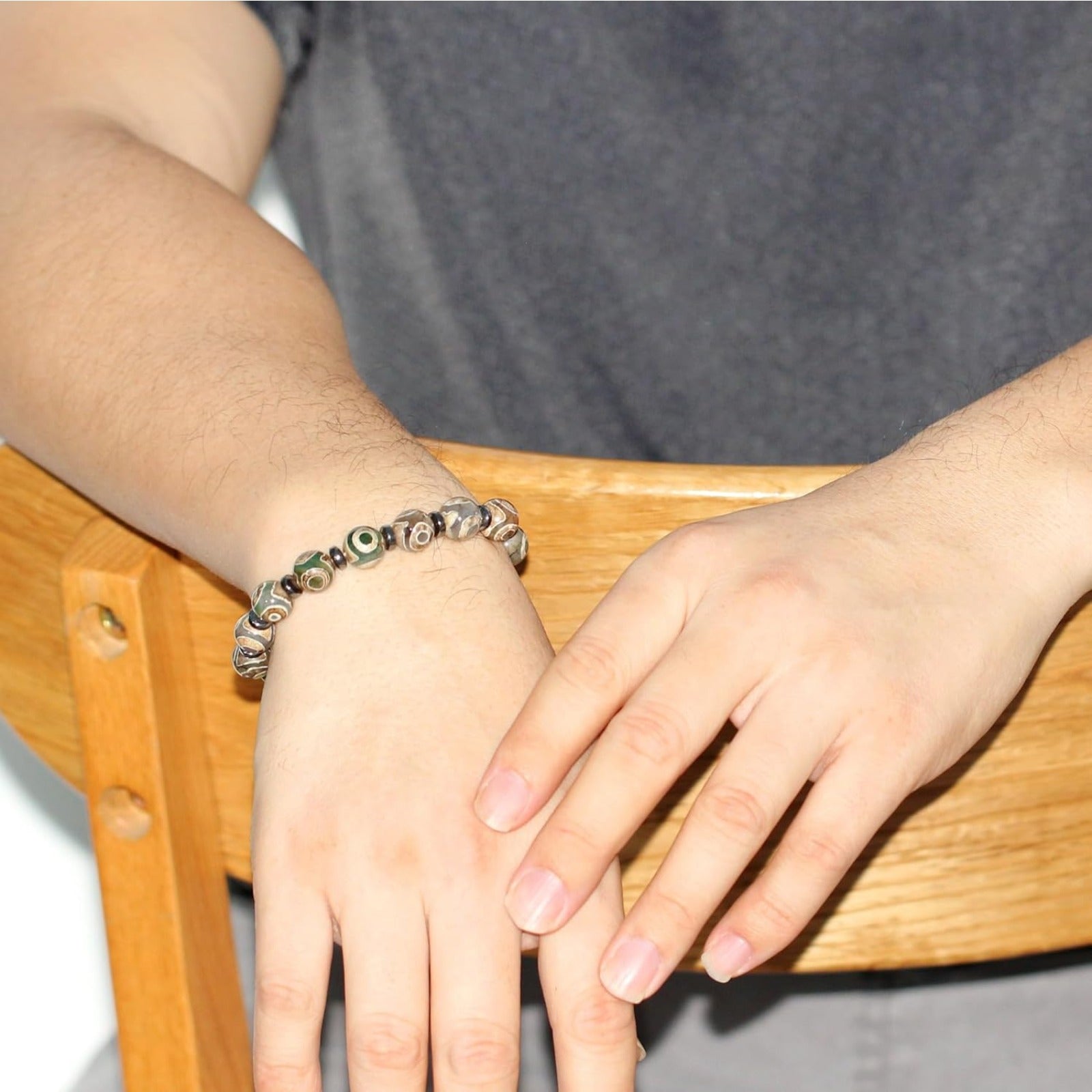 Dzi Bead Tibetan Bracelet for Men Women | Nine Eye Dzi Agate Beaded Bracelet with Hematite Spacers | Feng Shui Buddhist Meditation Amulet Adjustable Style Jewelry Brown Green Black YA5102