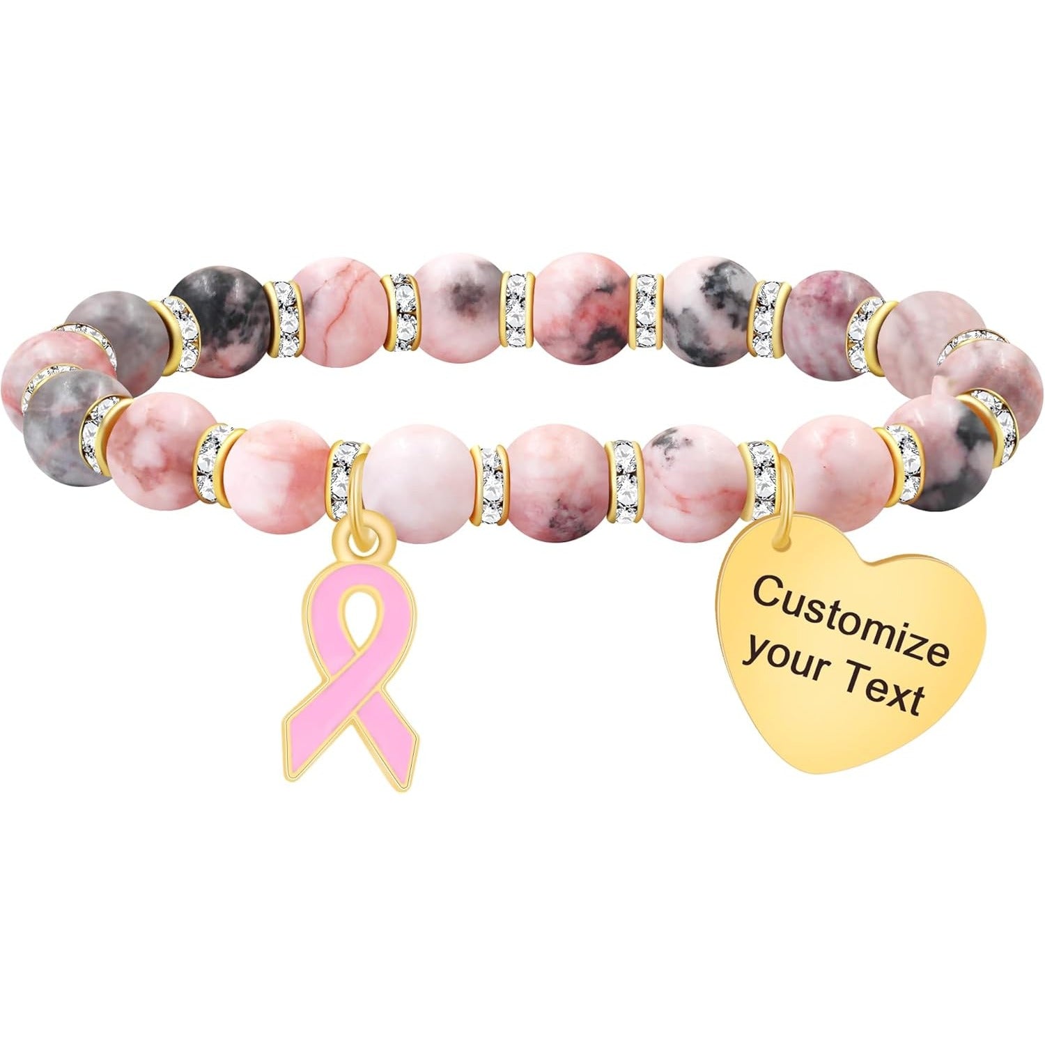 Pink Zebra Jasper Breast Cancer Awareness Bracelet – Never Give Up Heart Charm & Pink Ribbon, Stretch Beaded Natural Stone Bracelet for Women, Inspirational Cancer Support Jewelry Gift