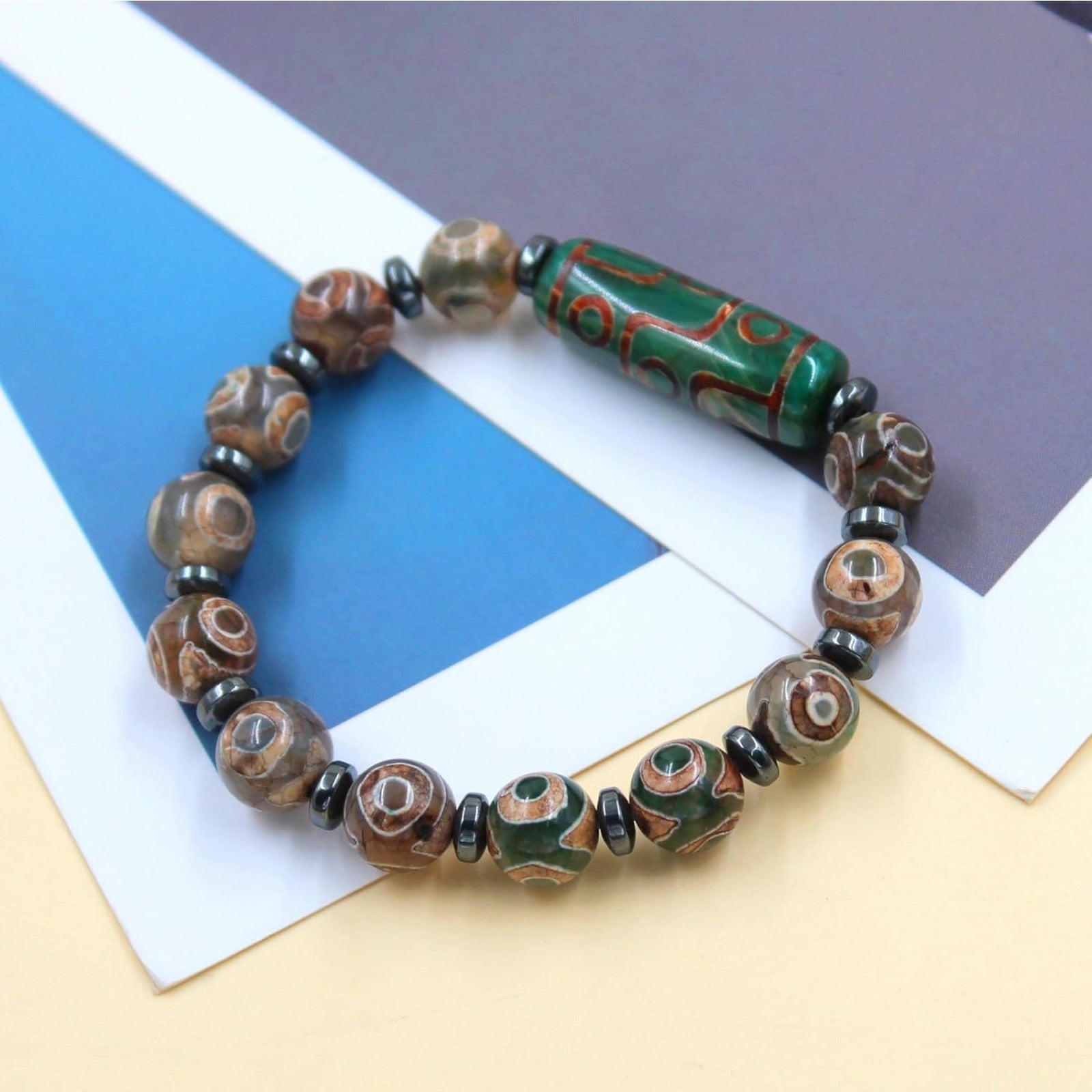 Dzi Bead Tibetan Bracelet for Men Women | Nine Eye Dzi Agate Beaded Bracelet with Hematite Spacers | Feng Shui Buddhist Meditation Amulet Adjustable Style Jewelry Brown Green Black YA5102