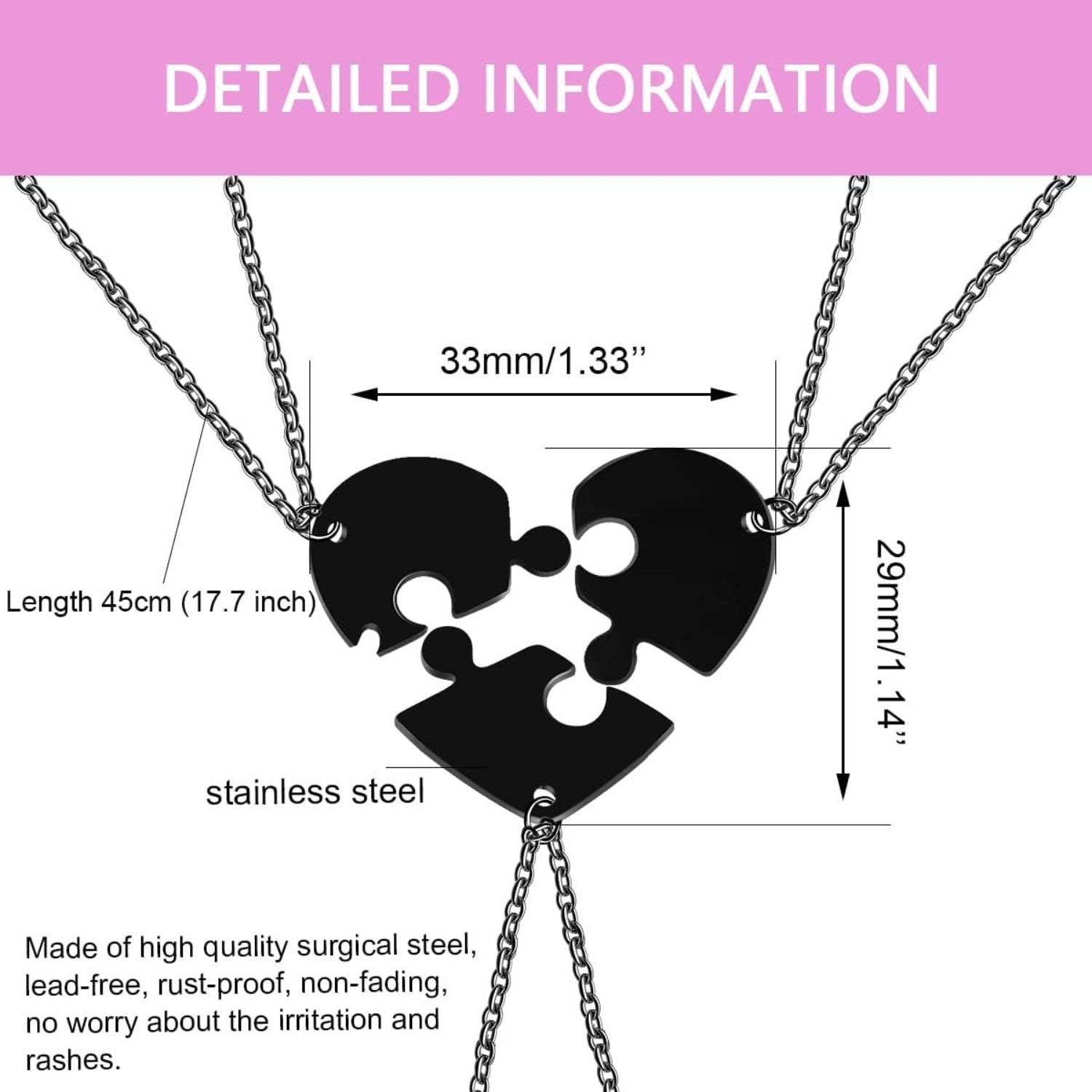 Uloveido Personalized 3 Name Puzzle Heart Necklace Stainless Steel Custom Engraved Interlocking Heart Pendant Best Friends Sisters Family Matching Friendship Jewelry Gift