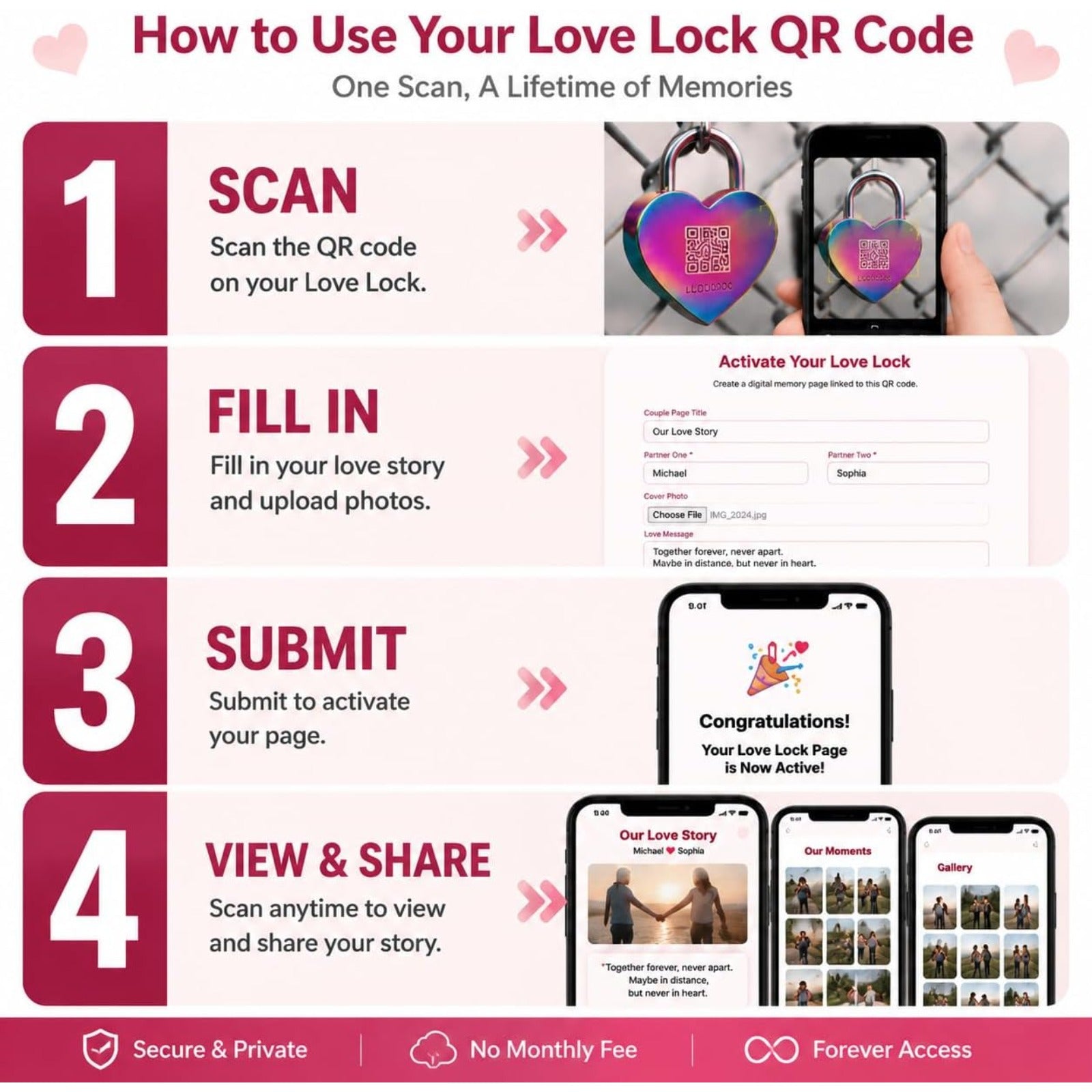 Rhinestone Heart Love Lock with Key, Dynamic QR Code Crystal Padlock for Personalized Memory Sharing, Scan to Create Your Love Story with Photos and Messages, Romantic Wedding Anniversary
