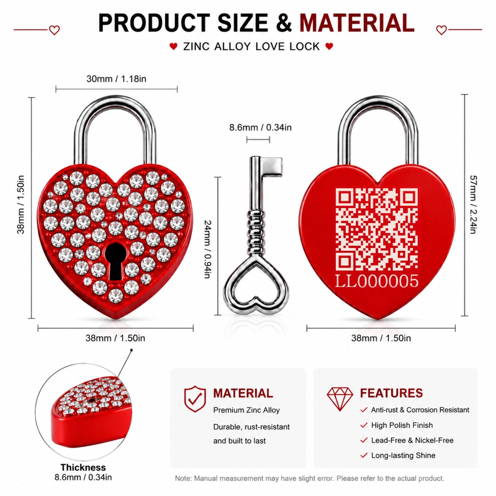 Rhinestone Heart Love Lock with Key, Dynamic QR Code Crystal Padlock for Personalized Memory Sharing, Scan to Create Your Love Story with Photos and Messages, Romantic Wedding Anniversary