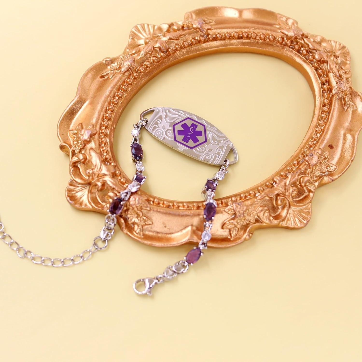 Purple Zirconia Medical Alert Bracelet for Women, Stainless Steel Medical ID Bracelet with Laser Engraved Custom Text, Lightweight Emergency Jewelry for Daily Sports Travel Wear