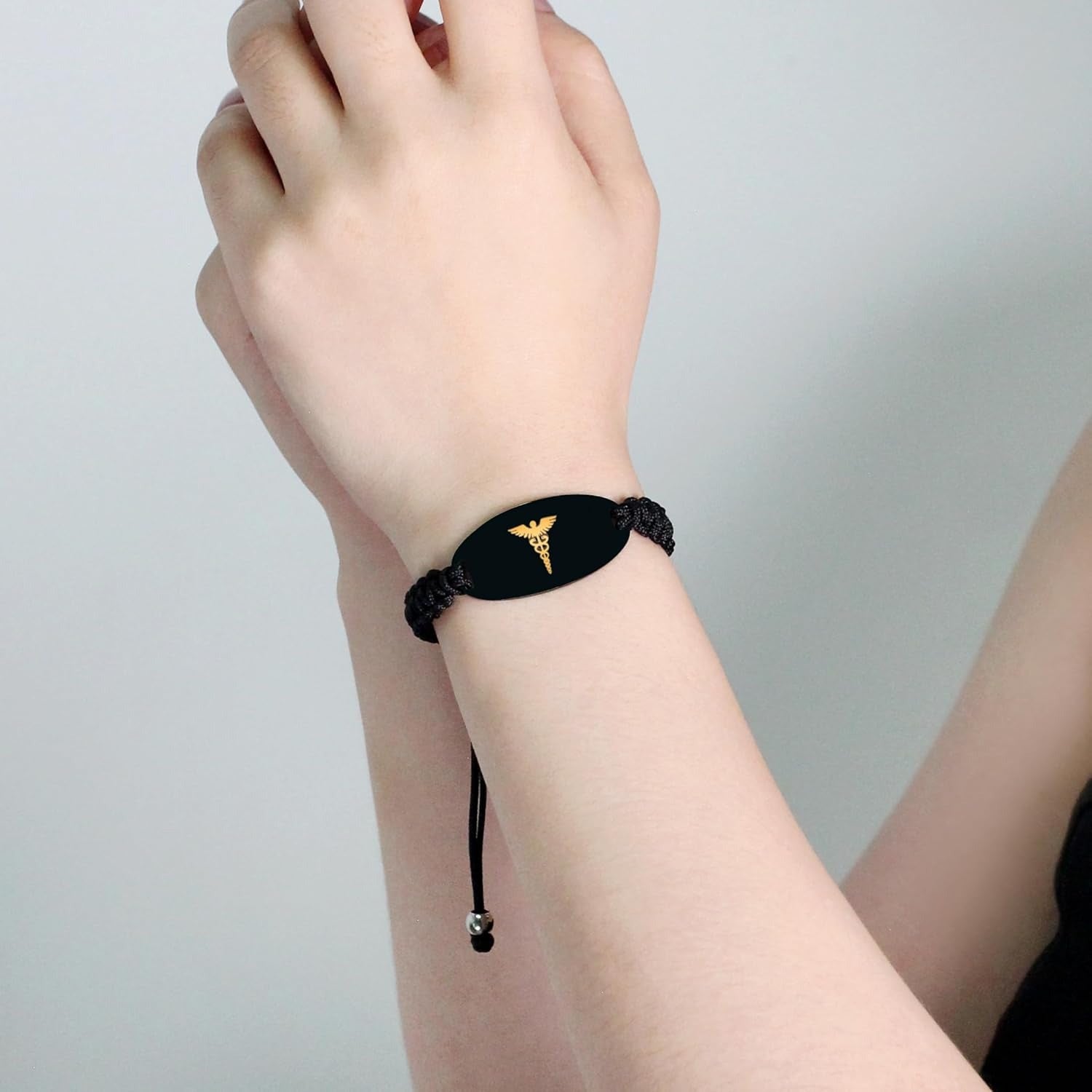 Uloveido Handwoven Medical Alert Bracelet with Dynamic QR Code or Laser Engraving Stainless Steel ID Plate Floating Golden Caduceus Adjustable Stretch Braided Rope Emergency ID for Men Women