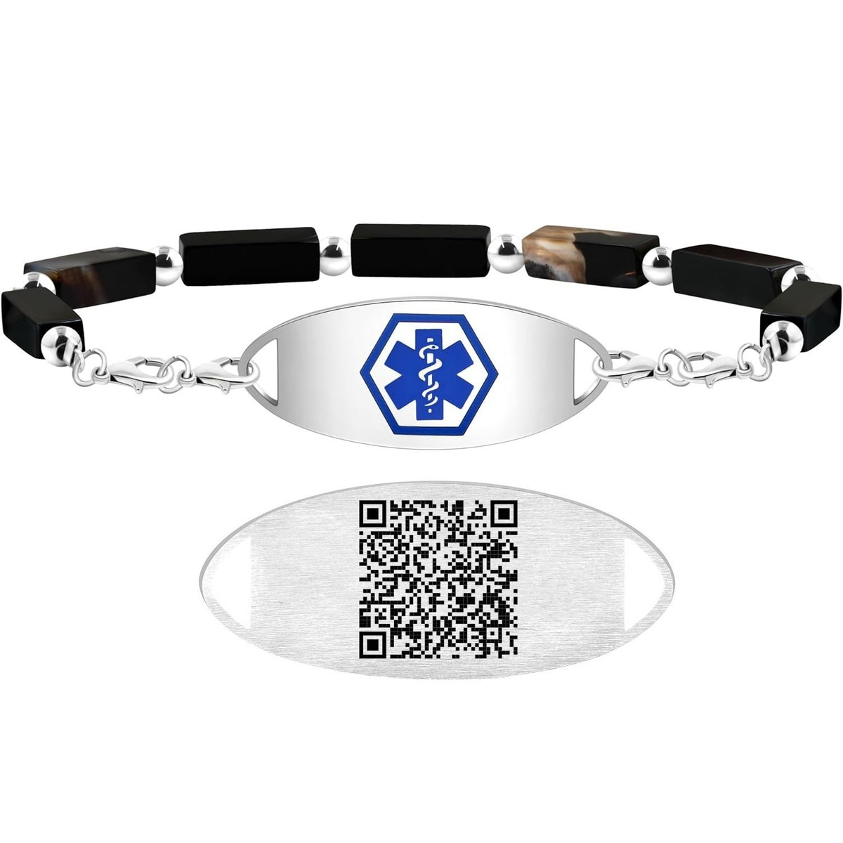 Uloveido Dynamic QR Code Medical Alert Bracelet with Natural Stone Beads, Pink Stone Red Agate Black Agate White Turquoise