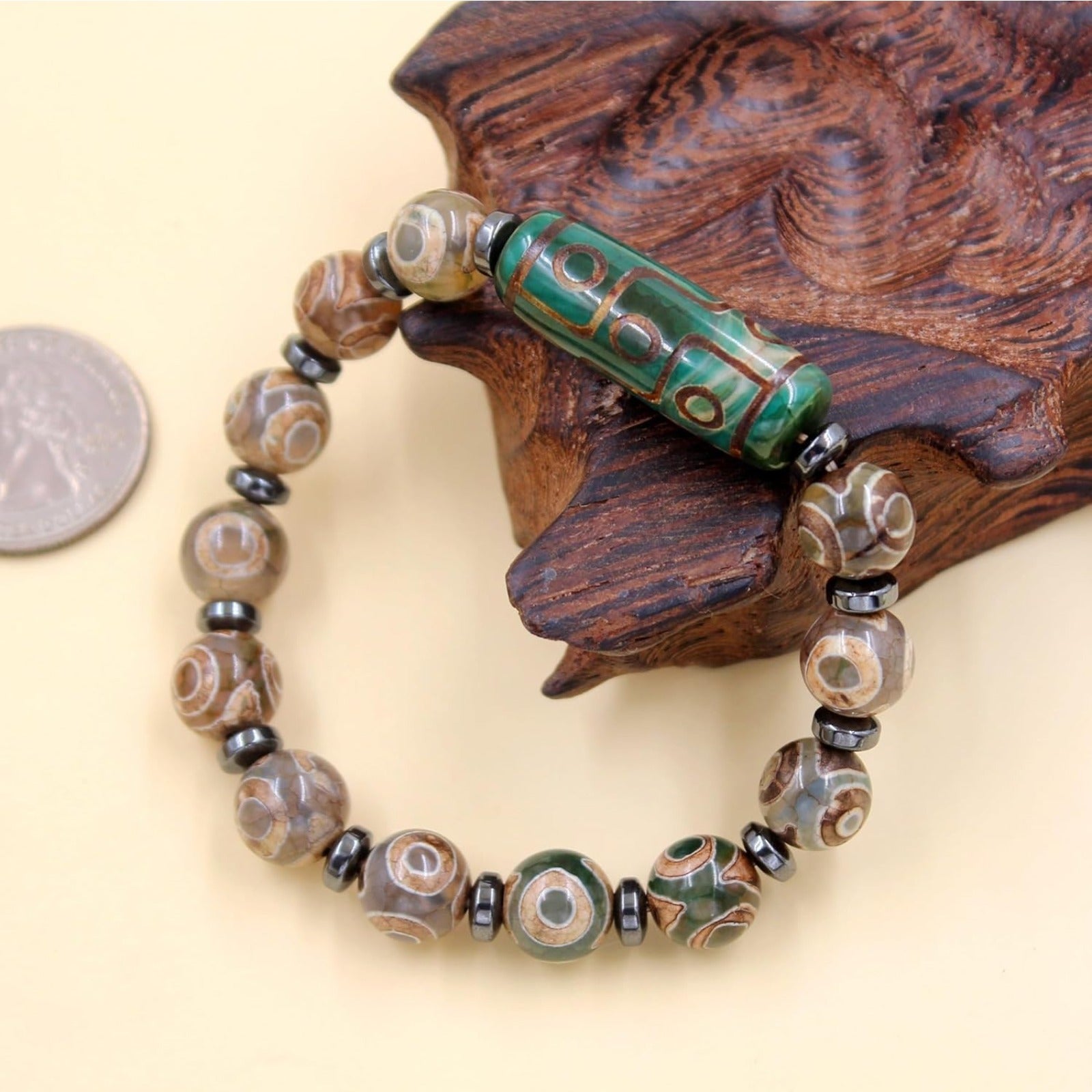 Dzi Bead Tibetan Bracelet for Men Women | Nine Eye Dzi Agate Beaded Bracelet with Hematite Spacers | Feng Shui Buddhist Meditation Amulet Adjustable Style Jewelry Brown Green Black YA5102