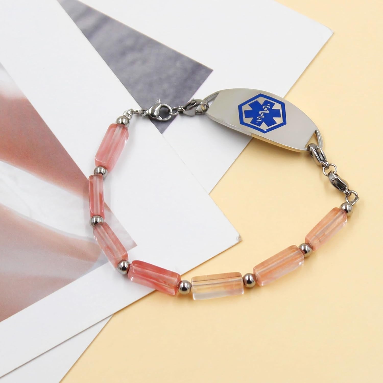 Dynamic QR Code Medical Alert Bracelet with Natural Stone Beads, Pink Stone Red Agate Black Agate White Turquoise, Stainless Steel Medical ID Bracelet, Double Lobster Clasp, No Engraving Required