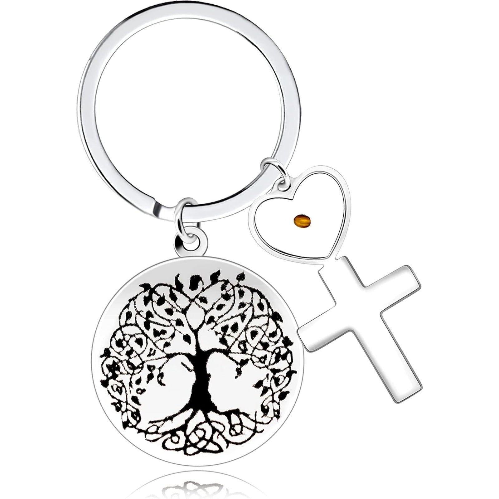 Stainless Steel Tree of Life Mustard Seed Keychain, Christian Faith Key Ring with Real Mustard Seed Charm, Inspirational Family Tree Keychain Gift for Women Men Y764