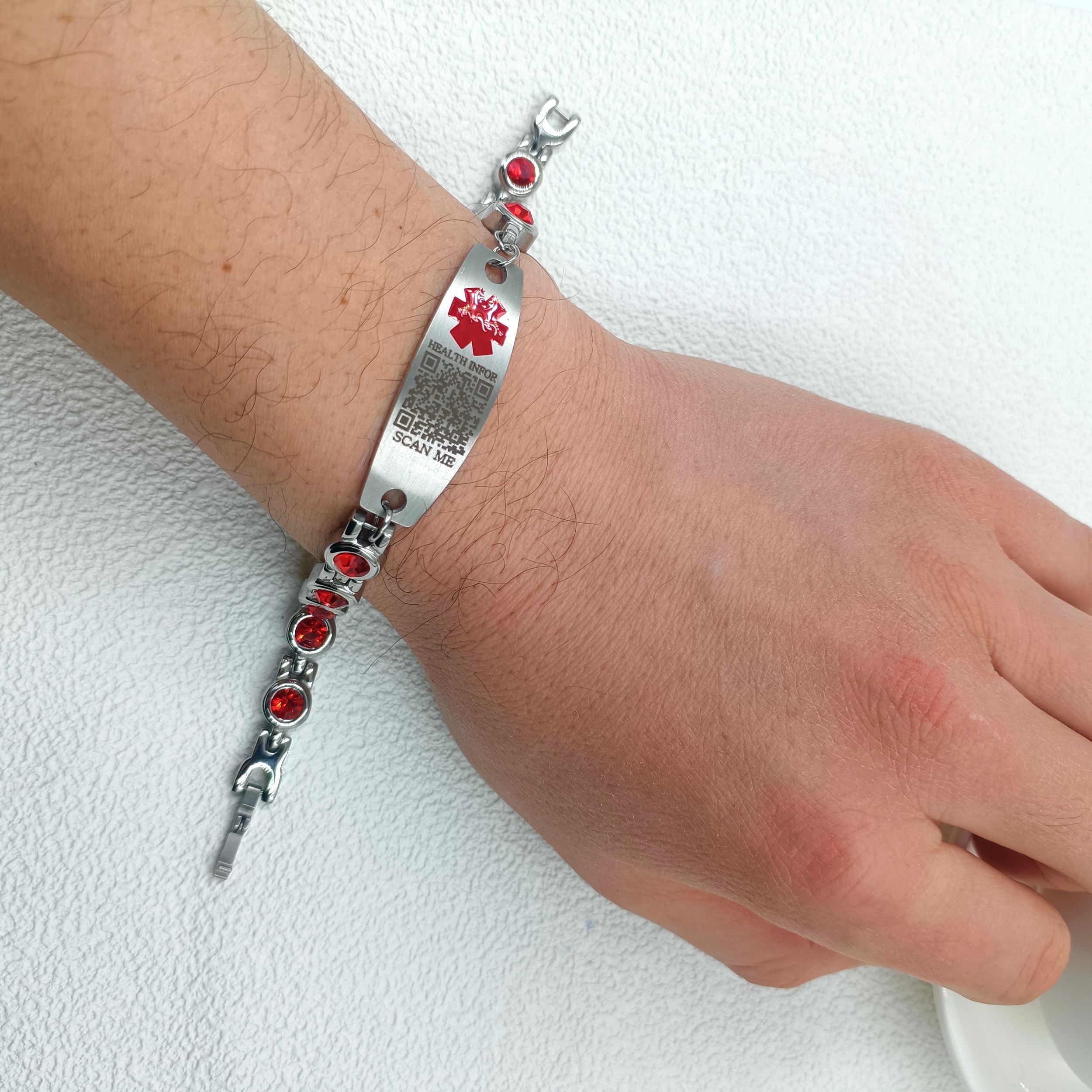 Editable QR Code Medical Alert Bracelet for Women, Stainless Steel with Red Cubic Zirconia, Magnetic Link Bracelet with Adjustable Clasp, Scan to Update Health Information Anytime