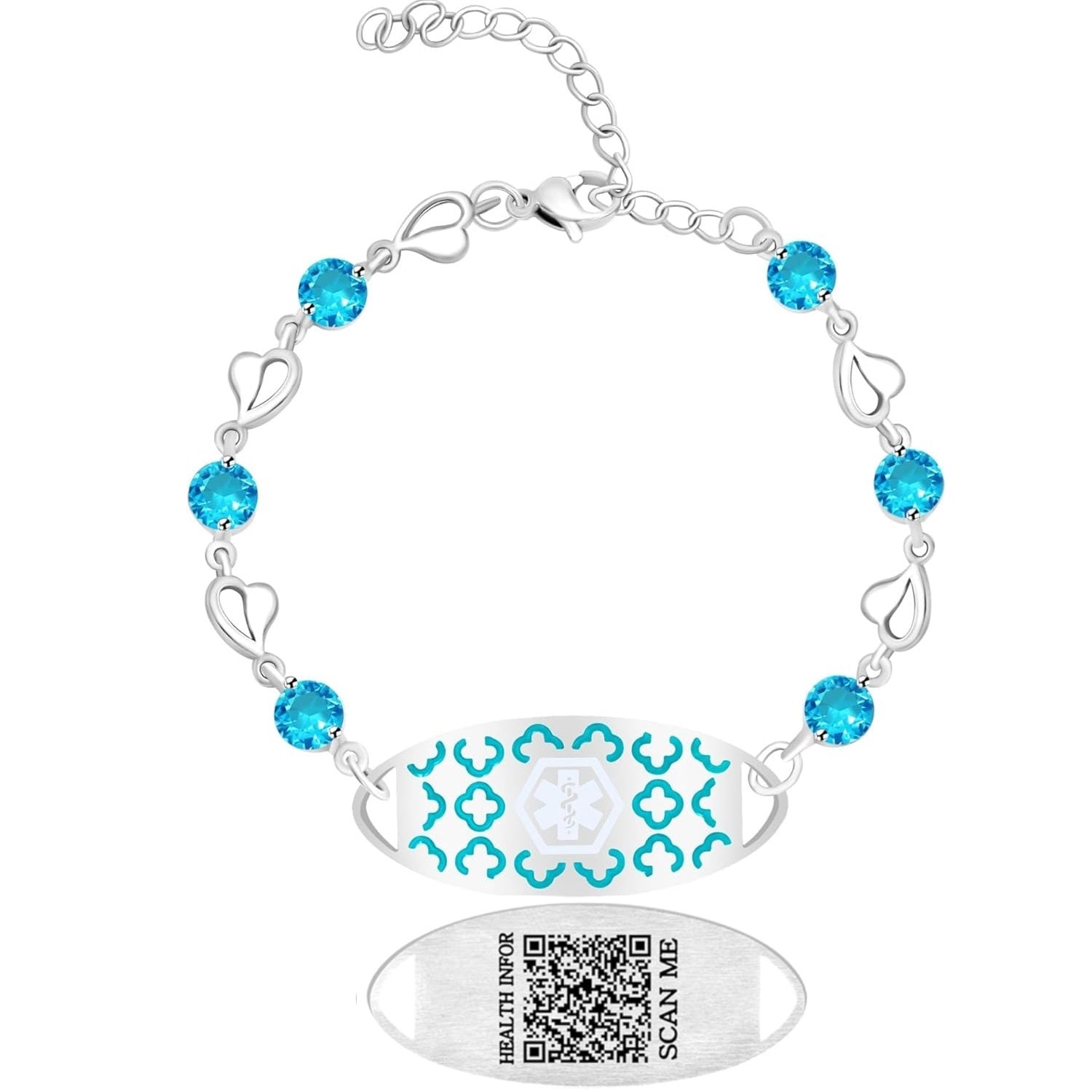 Uloveido Custom Medical ID Bracelet with Blue Cubic Zirconia | Elegant Floral Enamel Design | Adjustable QR Code & Engraved Emergency Contact Bracelet for Women and Travelers