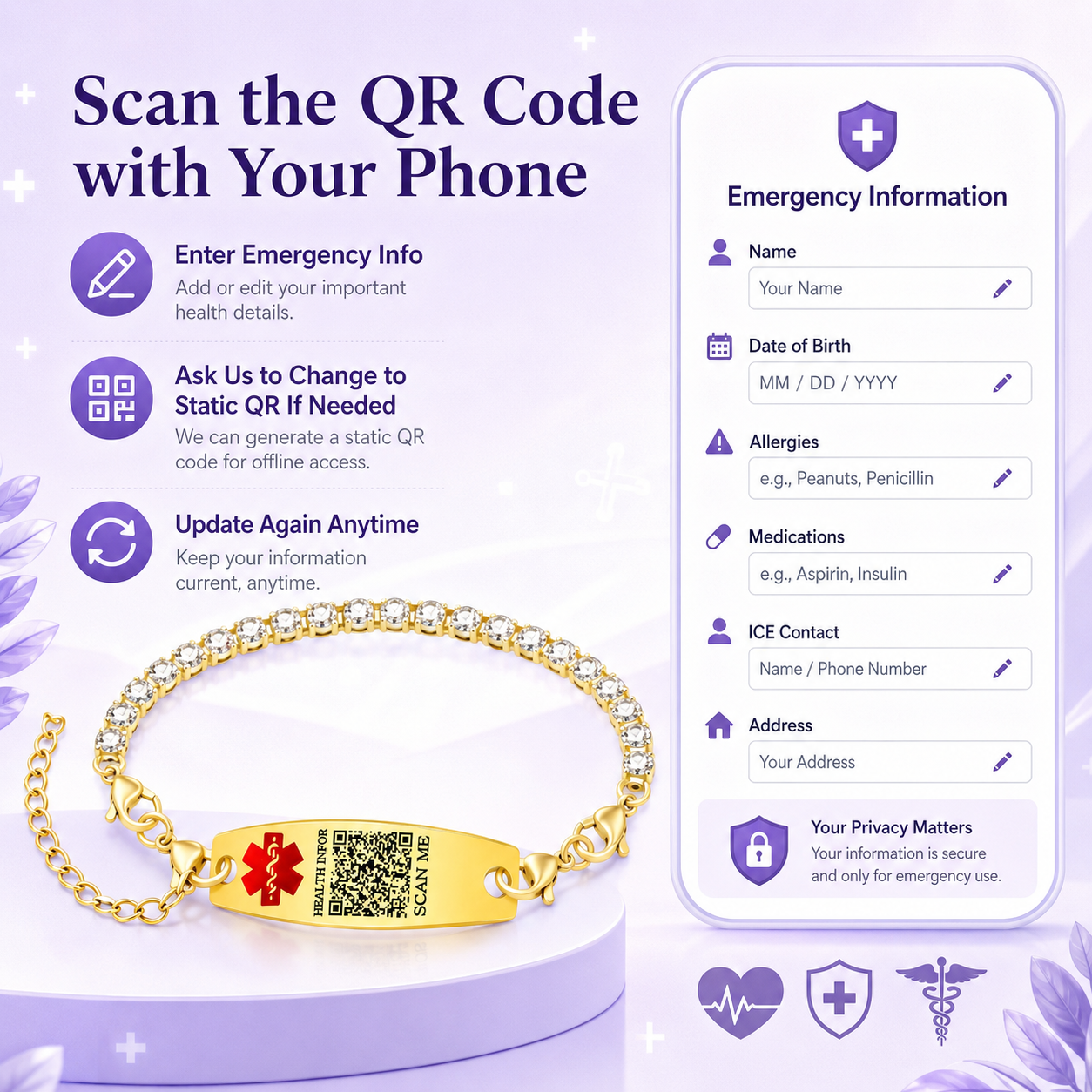 Uloveido Editable QR Code Medical Alert Tennis Bracelet for Women, Silver & Gold Color Options, Personalized Scannable Health ID Jewelry, Custom Emergency Info Wristband
