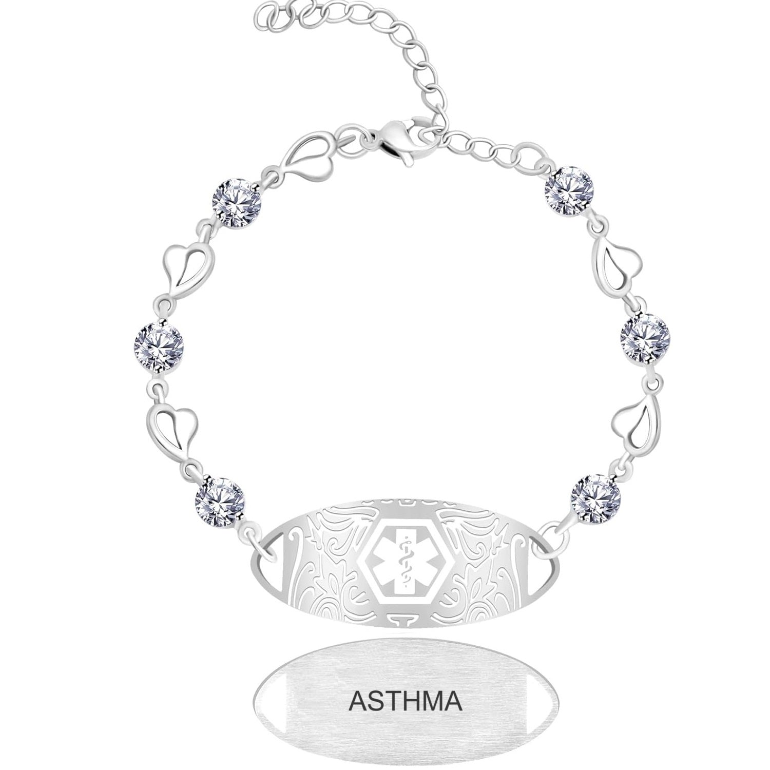 Uloveido Custom Medical ID Bracelet with White Cubic Zirconia | Elegant Floral Enamel Design | Adjustable QR Code & Engraved Emergency Contact EMS Bracelet for Women and Travelers