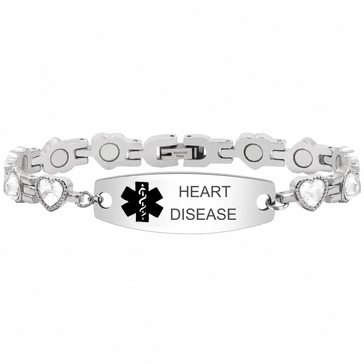 Women’s Medical ID Bracelet with Heart Shaped Zircon Link Chain, Adjustable Stainless Steel Emergency Alert Bracelet, Personalized Engraved Health Info Jewelry for Daily Wear