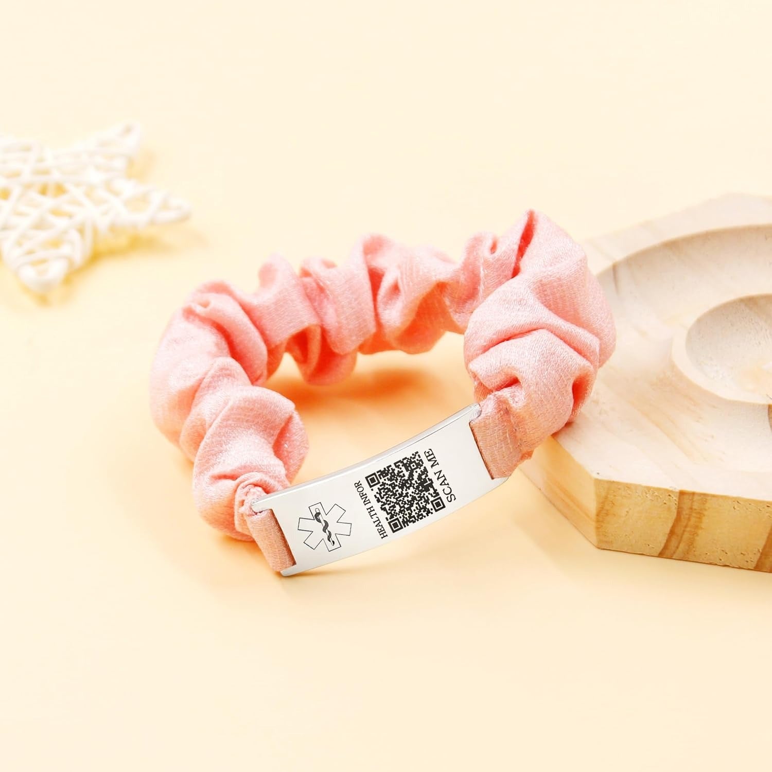 Dynamic QR Code Medical Alert Scrunchie Bracelet for Women, Editable Fabric Medical ID Wristband, Scan to Update Emergency & Health Information Without Login, Elastic Hair Tie Style, YA5426