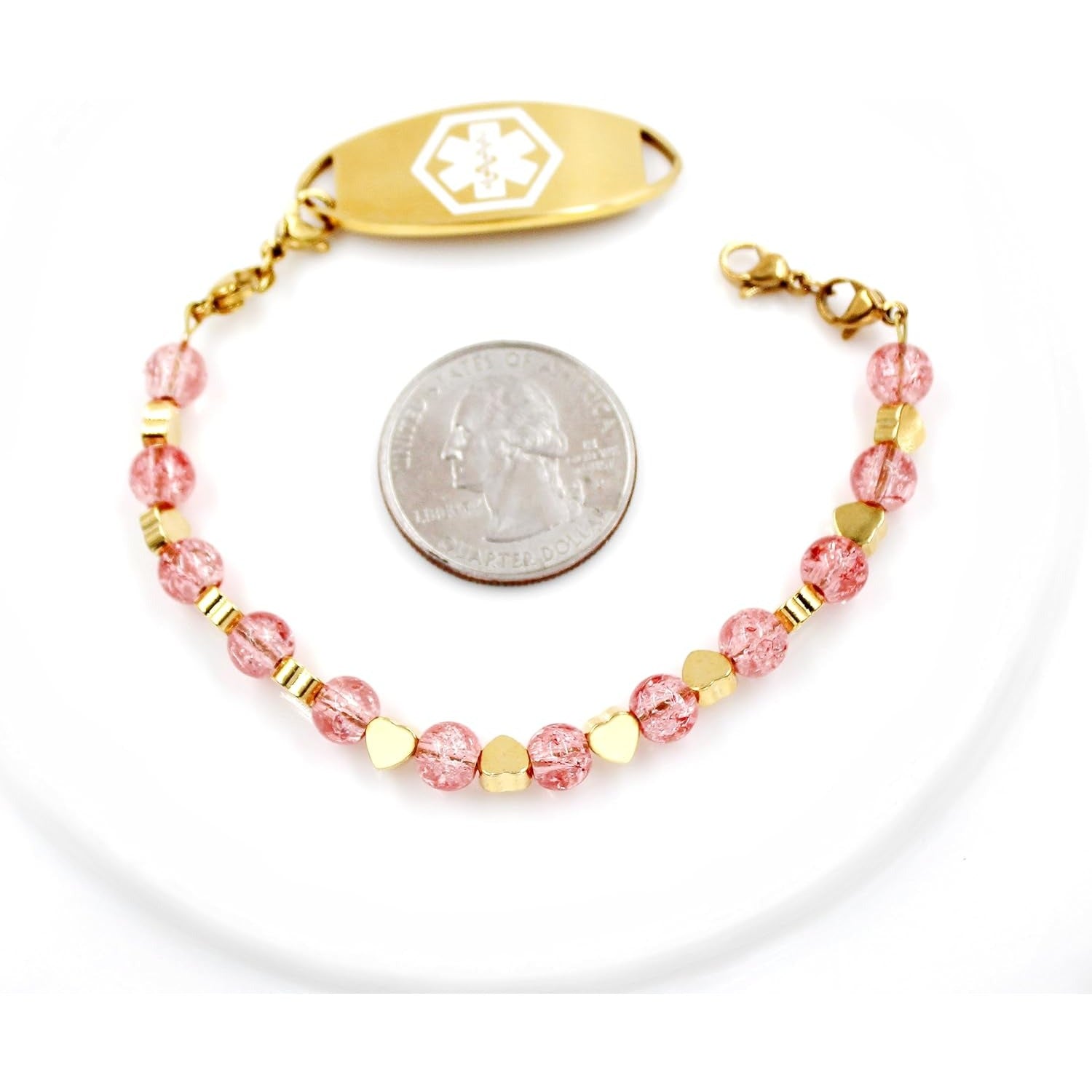 Stainless Steel Medical Alert Bracelet for Women 18K Gold Plated Tarnish Resistant | Laser Engraved or Dynamic QR Code ID Bracelet | Green Pink Purple Crack Bead Heart Adjustable Jewelry