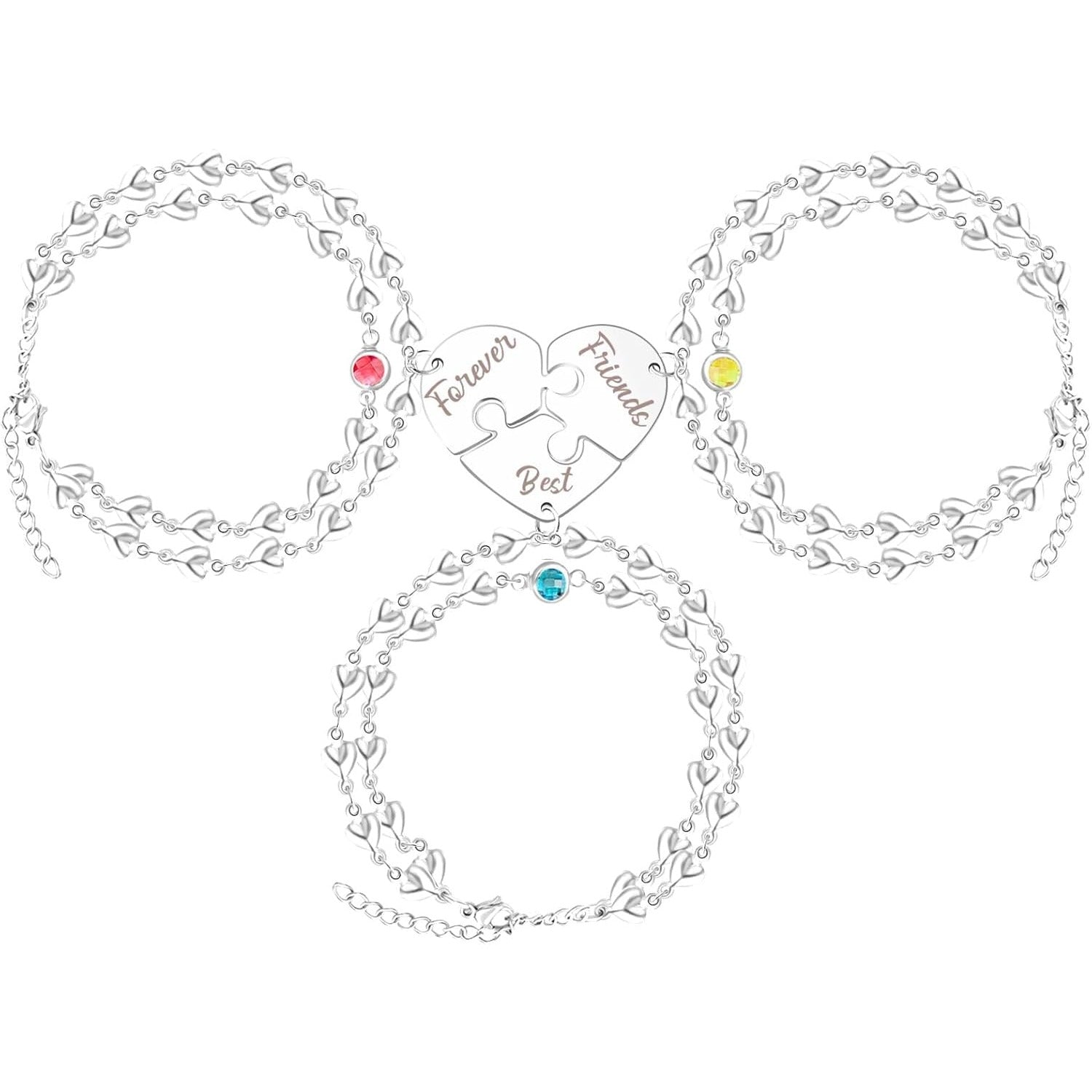 Uloveido Personalized 3 Pieces BFF Heart Puzzle Bracelets with 3 Gift Boxes – Custom Name Stainless Steel Matching Friendship Bracelets for 3 Best Friends