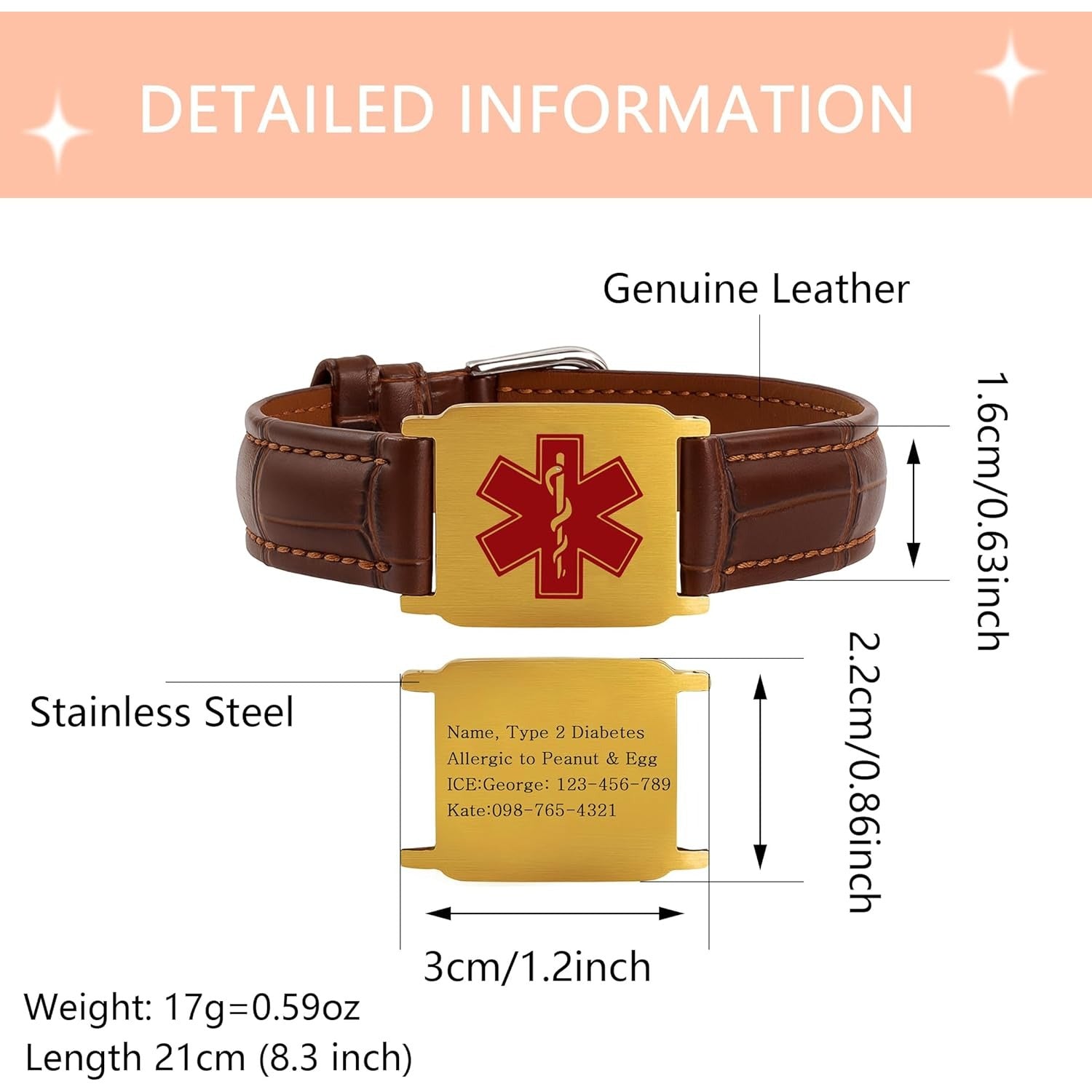 Uloveido Dynamic QR Code Medical Alert Bracelet for Men & Women, Genuine Leather Adjustable Medical ID Bracelet with Stainless Steel Plate, Scan to Update Emergency Info, No Engraving Required