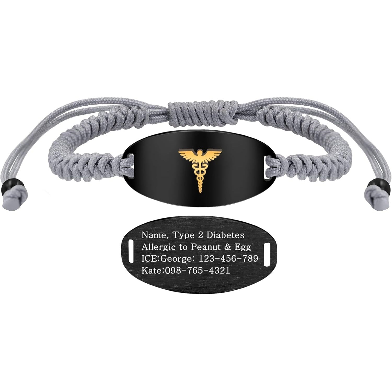 Adjustable Gray Braided Medical Alert Bracelet for Men Women, Dynamic QR Code or Custom Engraved ID Plate, Silver or Black Stainless Steel Emergency Contact Bracelet with Golden Medical Symbol