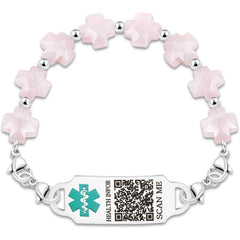 Rose Quartz QR Code Medical Alert Bracelet Scan to Edit Medical Info No Custom Info Required Greek Cross Beaded Emergency ID Bracelet for Women Stainless Steel