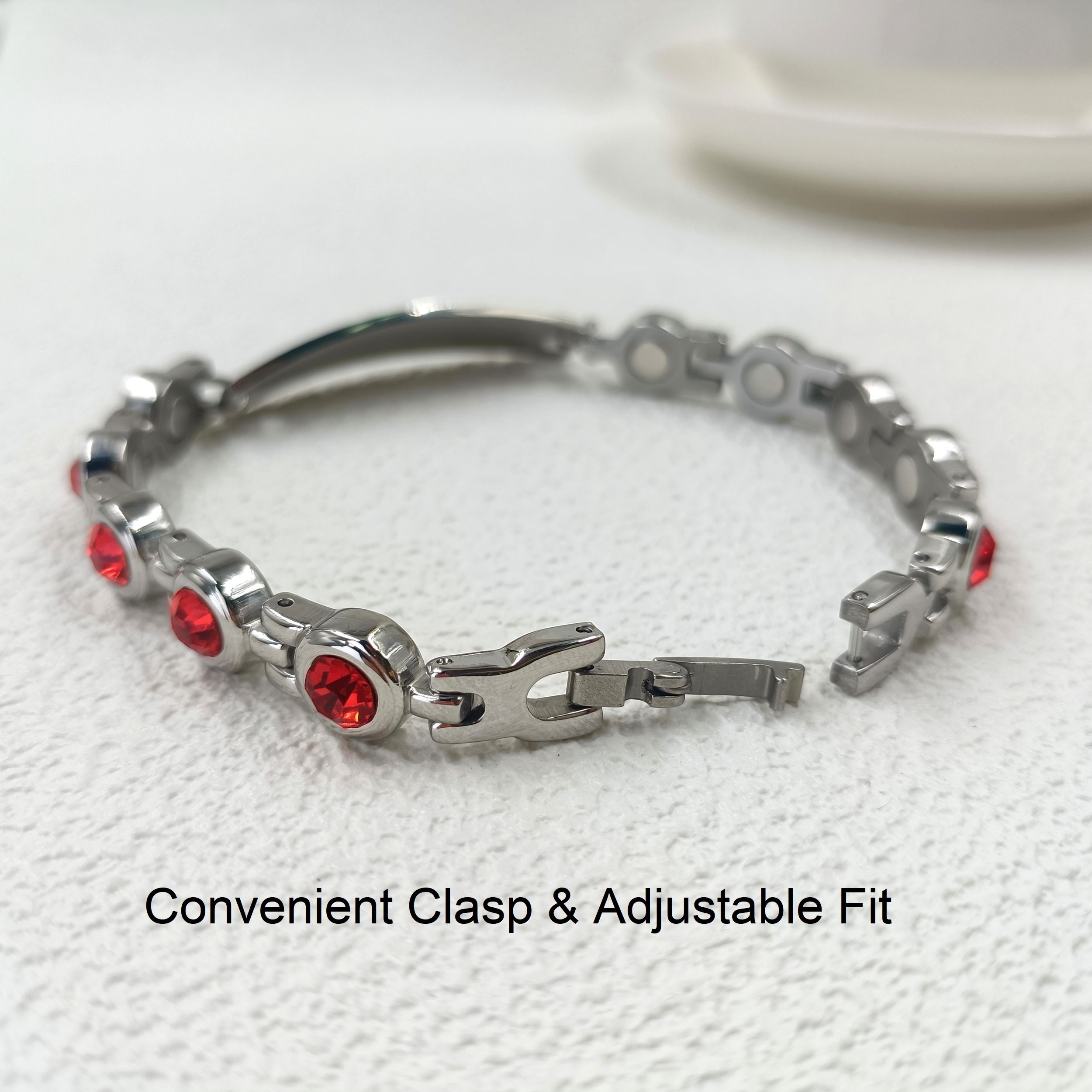 Editable QR Code Medical Alert Bracelet for Women, Stainless Steel with Red Cubic Zirconia, Magnetic Link Bracelet with Adjustable Clasp, Scan to Update Health Information Anytime