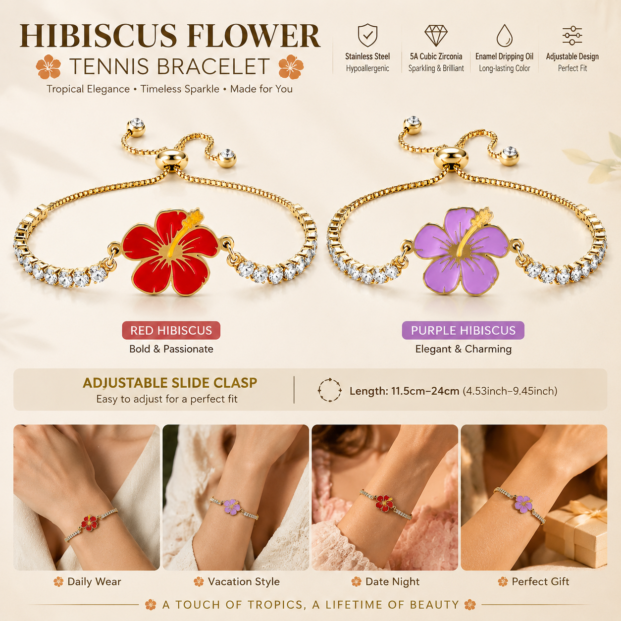 Hibiscus Flower Tennis Bracelet for Women | Gold Plated Stainless Steel Cubic Zirconia Adjustable Slide Clasp Bracelet | Red & Purple Enamel Floral Jewelry Gift