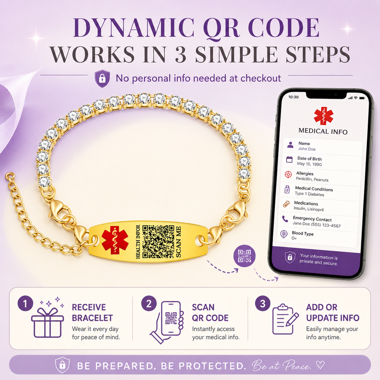 Uloveido Editable QR Code Medical Alert Tennis Bracelet for Women, Silver & Gold Color Options, Personalized Scannable Health ID Jewelry, Custom Emergency Info Wristband