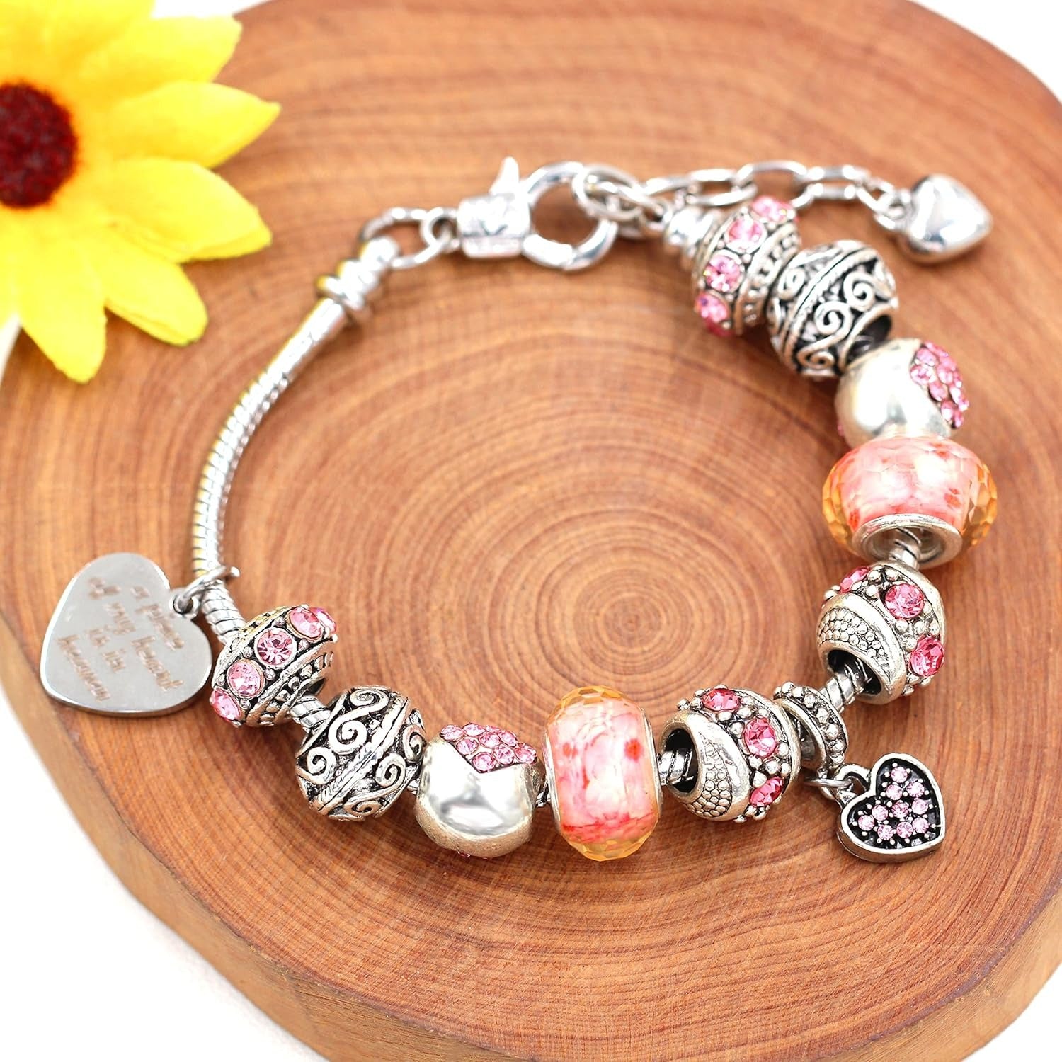 Personalized Pink Charm Bracelet for Women | Laser Engraved Heart Pendant Beaded Bracelet | Custom Name European Style Jewelry Gift for Her