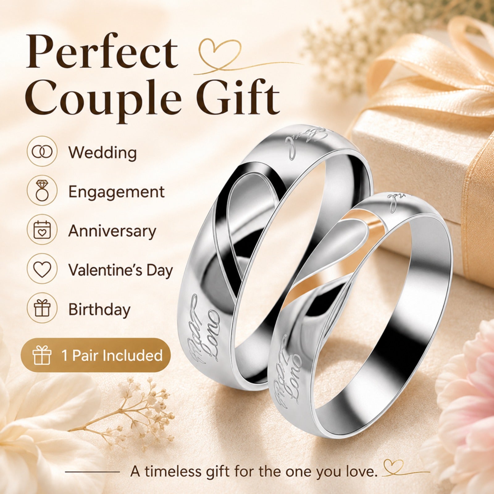 Matching Couple Rings Set for Him and Her, Stainless Steel Real Love Wedding Bands, Black Men Ring & Rose Gold Women Ring, Half Heart Promise Rings