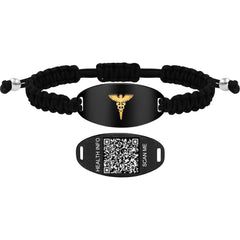Uloveido Handwoven Medical Alert Bracelet with Dynamic QR Code or Laser Engraving Stainless Steel ID Plate Floating Golden Caduceus Adjustable Stretch Braided Rope Emergency ID for Men Women