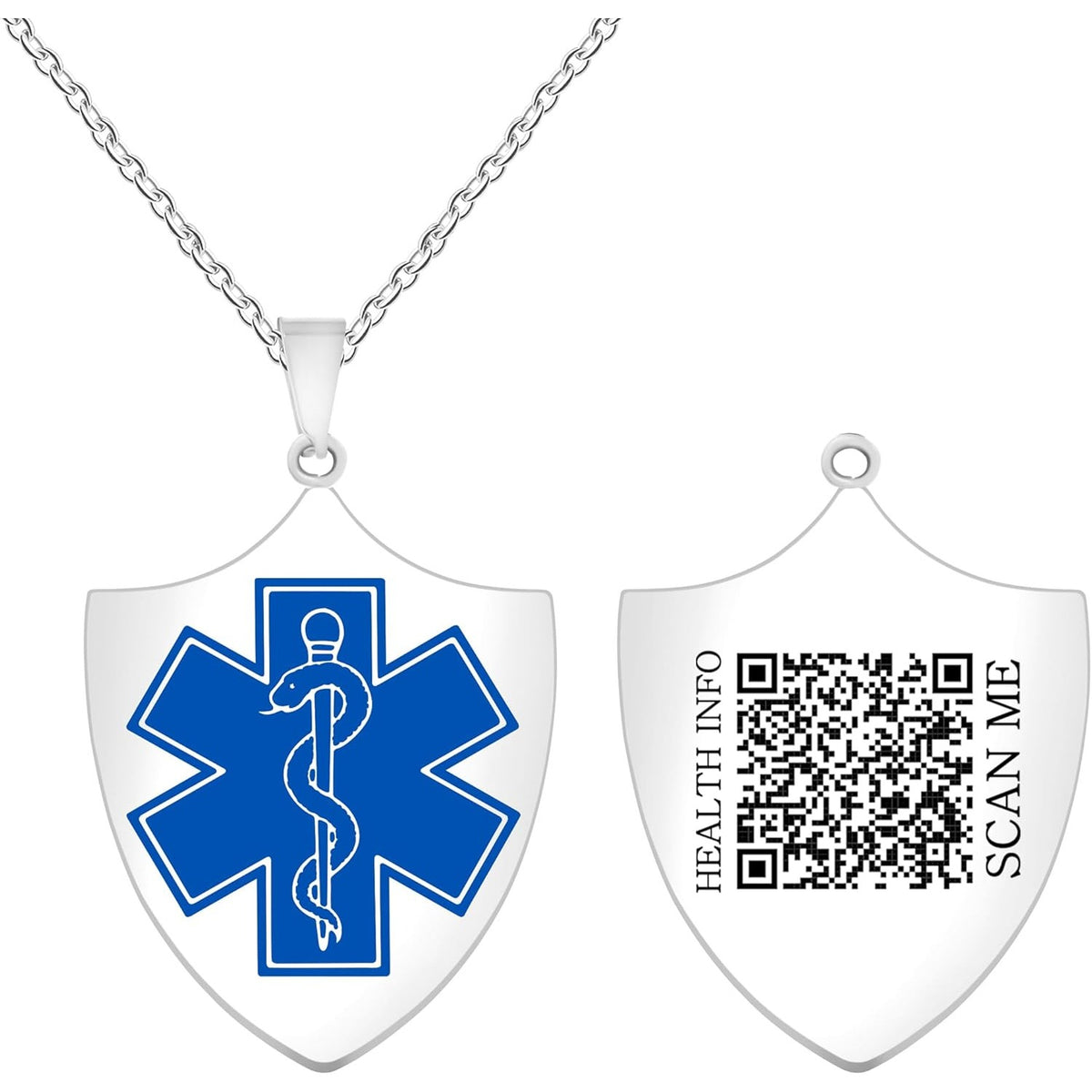 Uloveido Dynamic QR Code Medical Alert Necklace Shield Pendant, Stainless Steel Medical ID Jewelry for Men & Women, No Engraving Required, Scan to Update Emergency Medical Information, Red/Blue