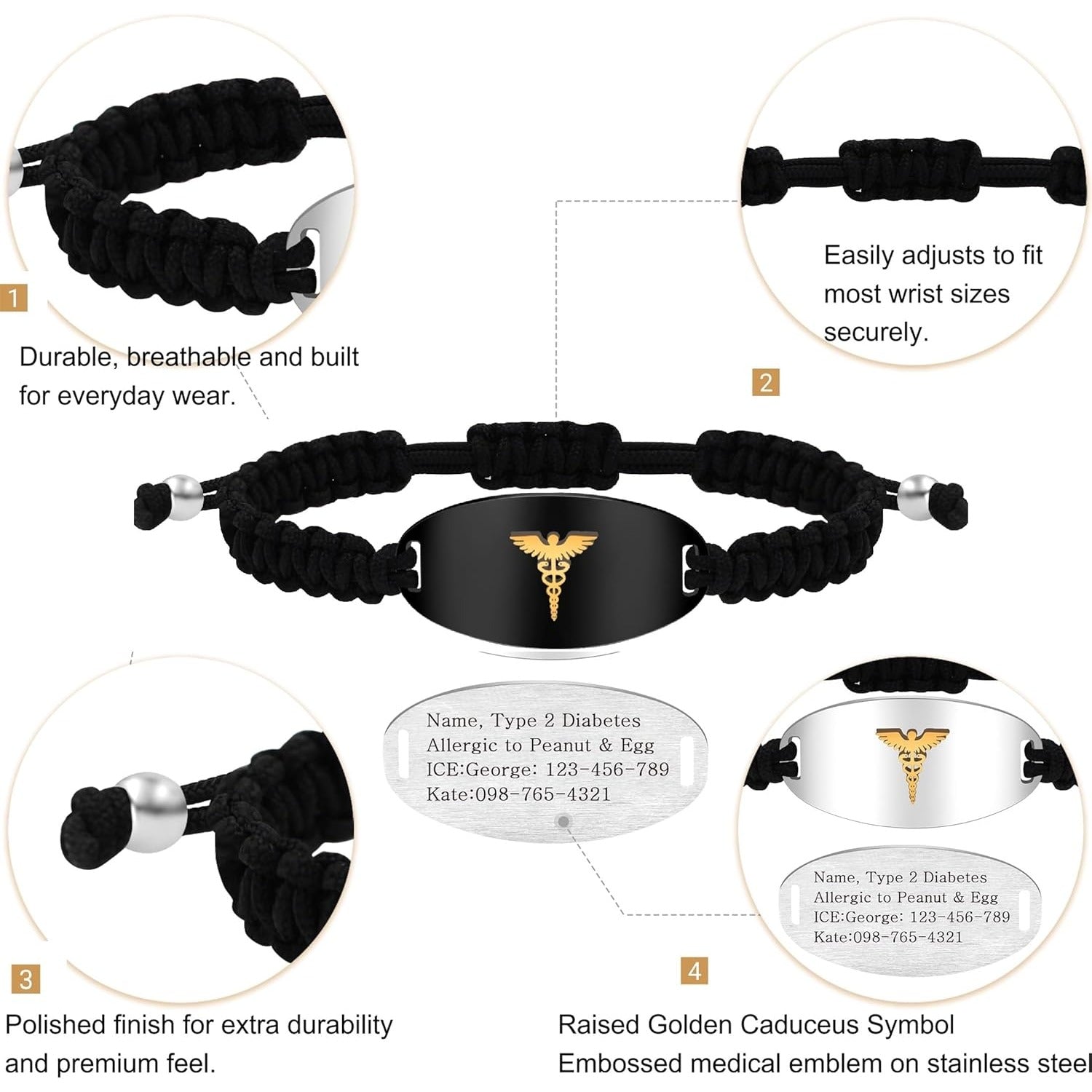 Uloveido Handwoven Medical Alert Bracelet with Dynamic QR Code or Laser Engraving Stainless Steel ID Plate Floating Golden Caduceus Adjustable Stretch Braided Rope Emergency ID for Men Women