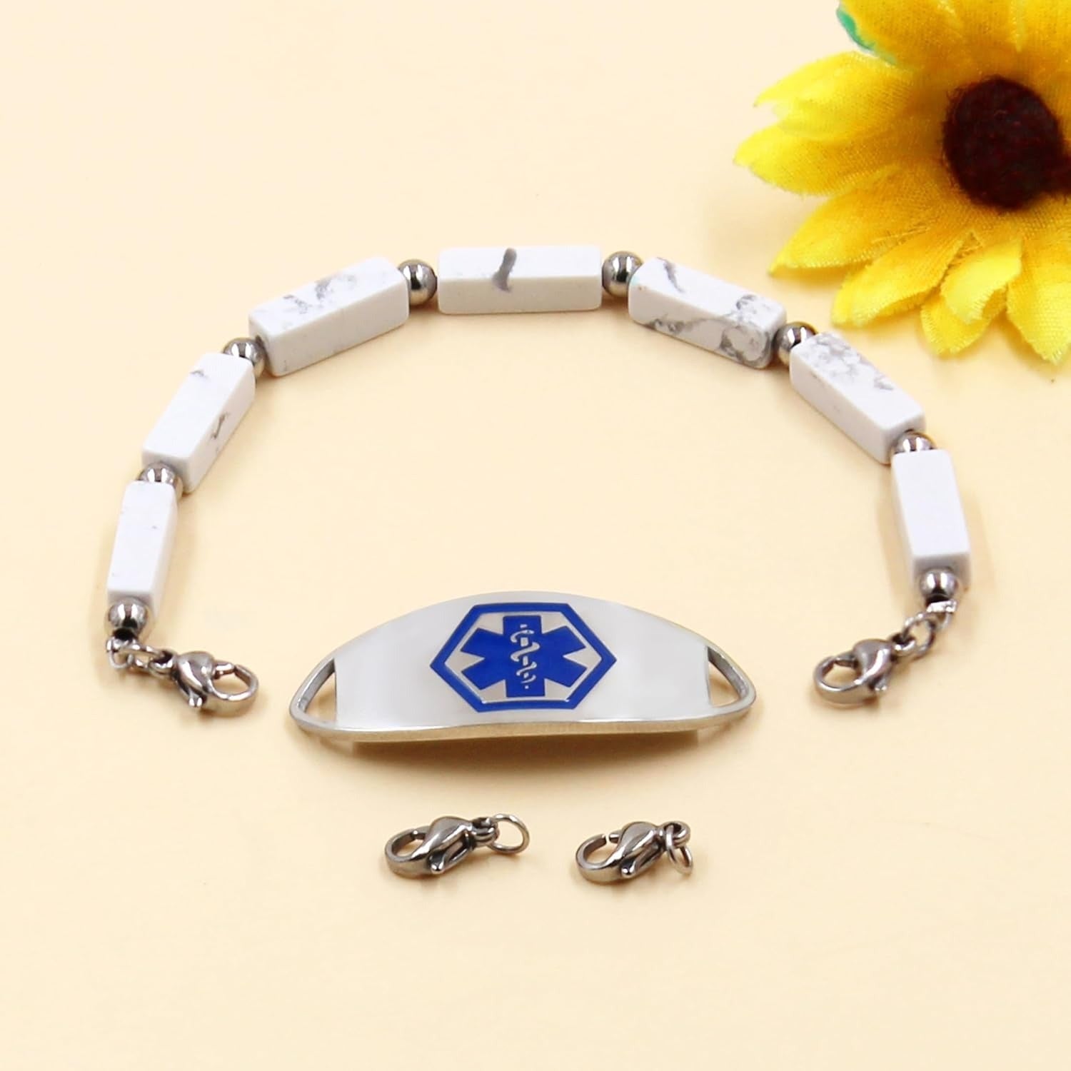 Dynamic QR Code Medical Alert Bracelet with Natural Stone Beads, Pink Stone Red Agate Black Agate White Turquoise, Stainless Steel Medical ID Bracelet, Double Lobster Clasp, No Engraving Required