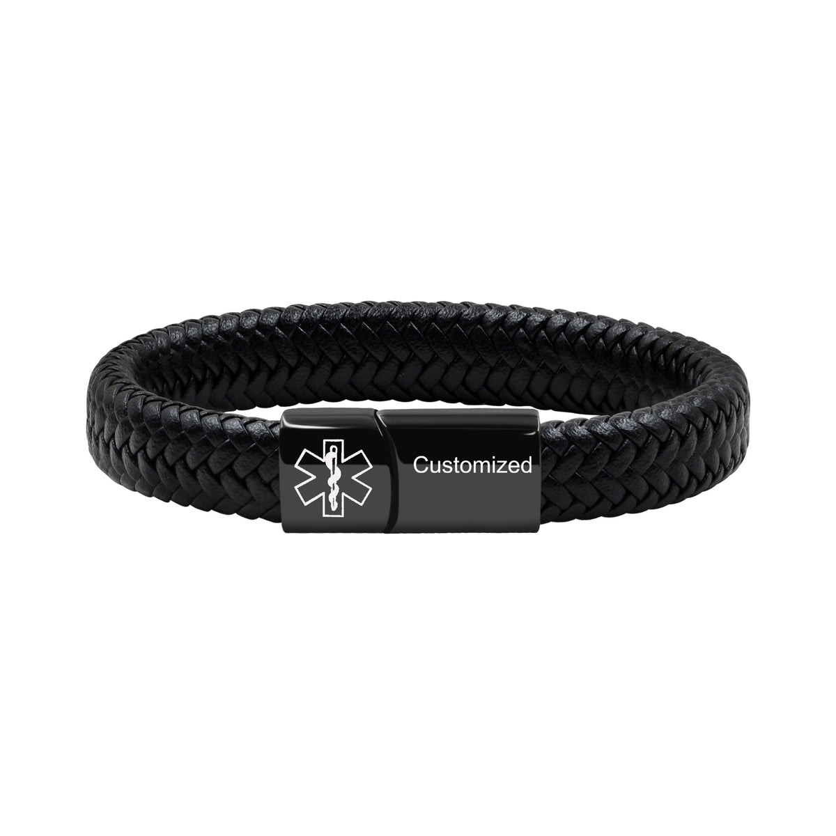 Medical Alert Cuff Bracelet for Men and Women, Black Stainless Steel Clasp Emergency ID Wristband, PU Leather Health Information Band YA5551