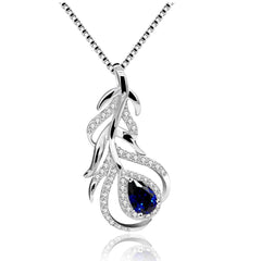 Uloveido Womens 925 Sterling Silver Pear Cut Gem Corundum Sapphire Teardrop Feather Leaf Flower Pendant Choker Necklace FN101