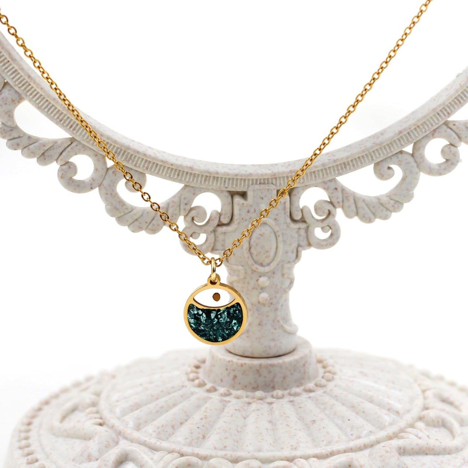 Faith Mustard Seed Stainless Steel Pendant Necklace for Women, Golden Tone Round Charm Necklace with Red, White, Green Stone Sand, Inspirational Jewelry Gift,