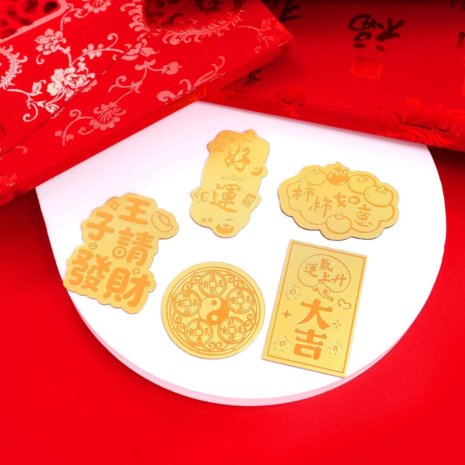 Uloveido Gold Foil Phone Sticker Set, 5pcs Lucky Feng Shui Decals, Chinese New Year Wealth & Good Luck Amulet Stickers, Traditional Chinese Blessing Phone Decor Gift