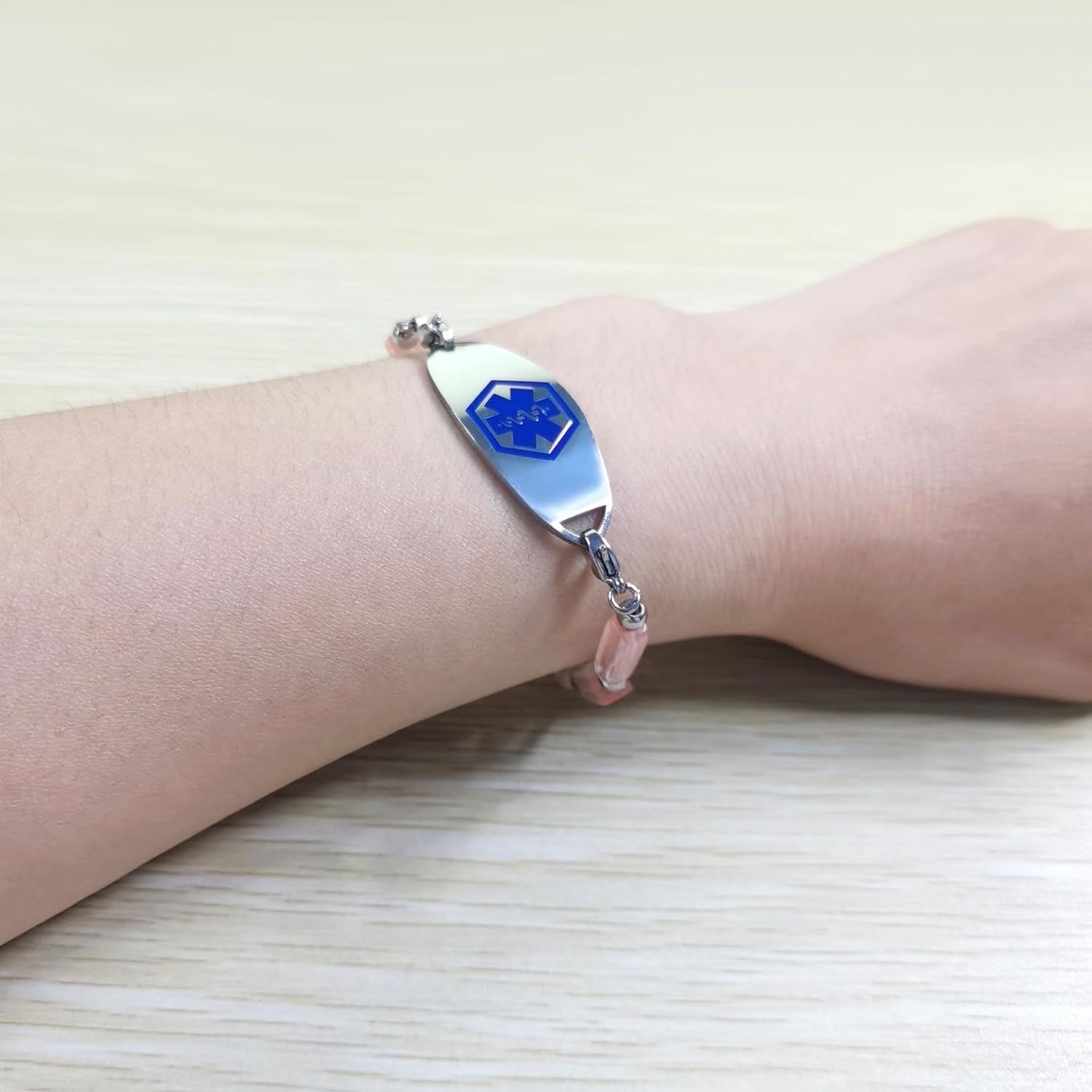 Dynamic QR Code Medical Alert Bracelet with Natural Stone Beads, Pink Stone Red Agate Black Agate White Turquoise, Stainless Steel Medical ID Bracelet, Double Lobster Clasp, No Engraving Required