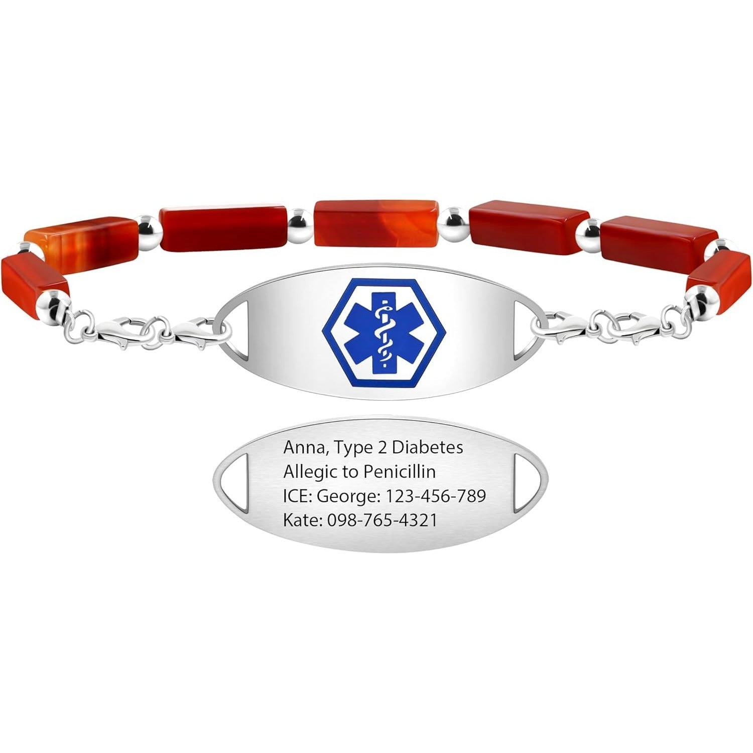 Dynamic QR Code Medical Alert Bracelet with Natural Stone Beads, Pink Stone Red Agate Black Agate White Turquoise, Stainless Steel Medical ID Bracelet, Double Lobster Clasp, No Engraving Required