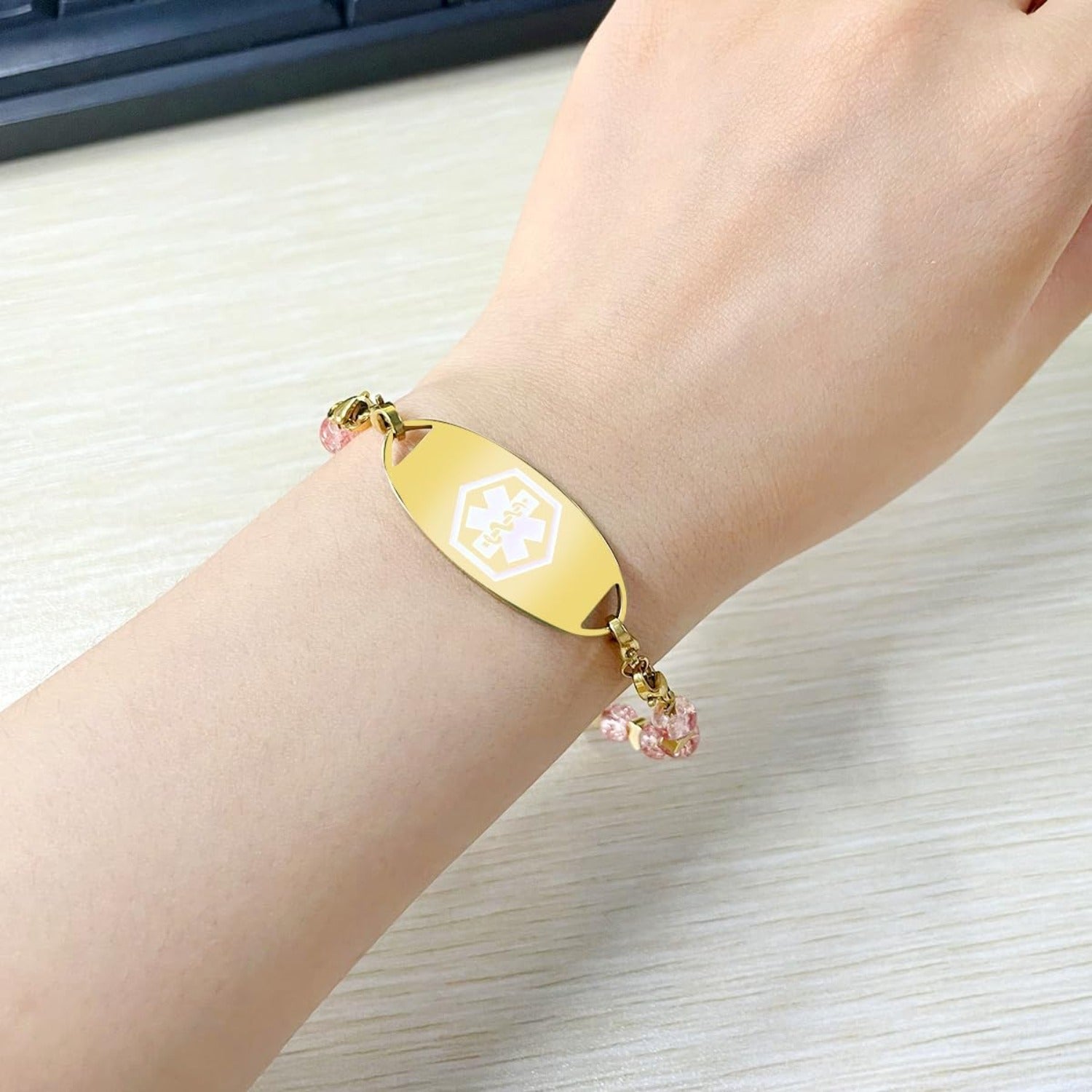 Stainless Steel Medical Alert Bracelet for Women 18K Gold Plated Tarnish Resistant | Laser Engraved or Dynamic QR Code ID Bracelet | Green Pink Purple Crack Bead Heart Adjustable Jewelry