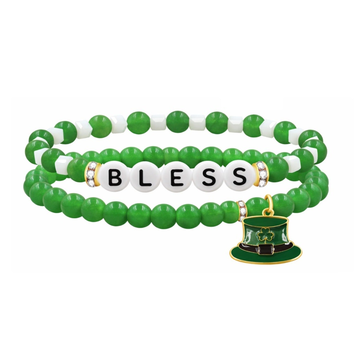 St Patricks Day Green Beaded Bracelet for Women Girls, LUCKY IRISH BLESS Letter Options, Stretch Shamrock Leprechaun Hat Charm Bracelet, Irish Lucky Jewelry Gift