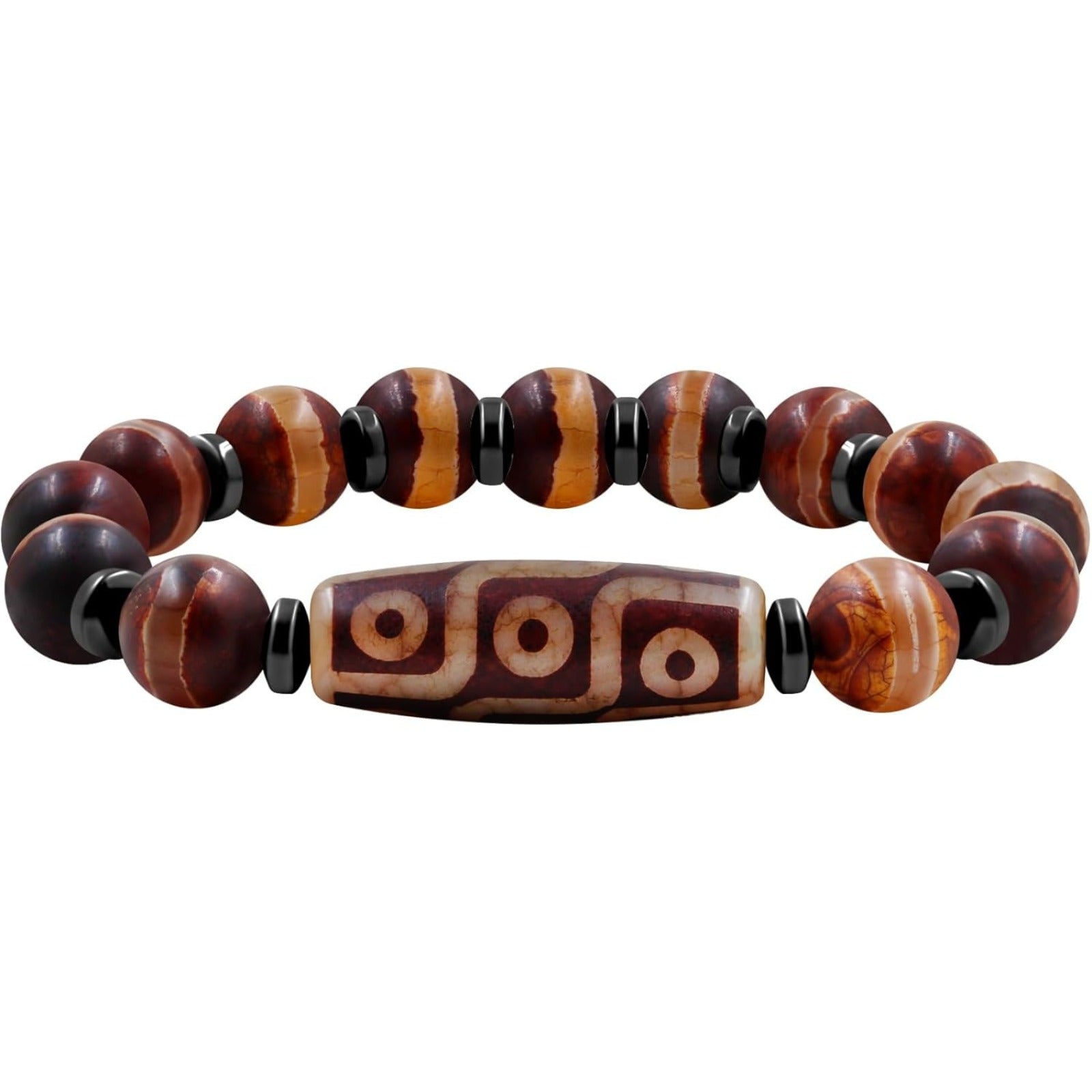 Dzi Bead Tibetan Bracelet for Men Women | Nine Eye Dzi Agate Beaded Bracelet with Hematite Spacers | Feng Shui Buddhist Meditation Amulet Adjustable Style Jewelry Brown Green Black YA5102