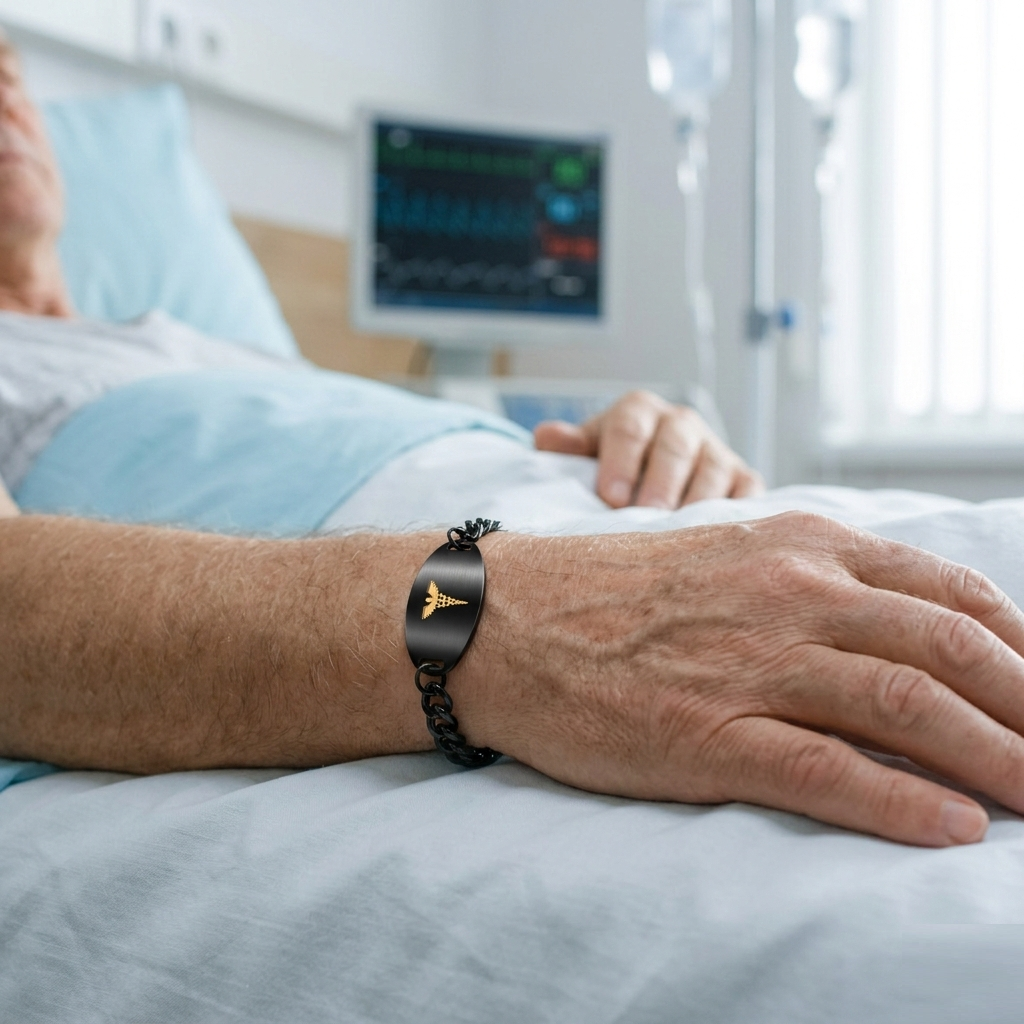 Stainless Steel Medical Alert Bracelet with Golden Caduceus Symbol Men Women | Laser Engraved or Dynamic QR Code Medical ID Bracelet | Adjustable Chain Emergency Contact Allergy ID Jewelry Black White