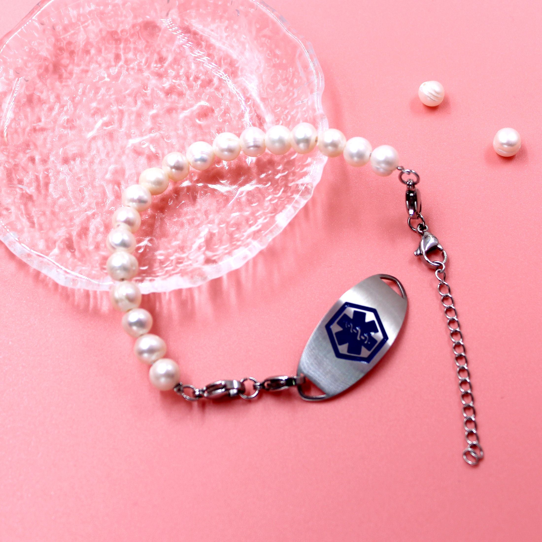 White Freshwater Pearl Double Layer QR Code Medical Alert Bracelet – Blue Medical ID Bracelet with Interchangeable Plate, Dual Lobster Clasp, Editable Dynamic QR Emergency Jewelry for Women YA6293
