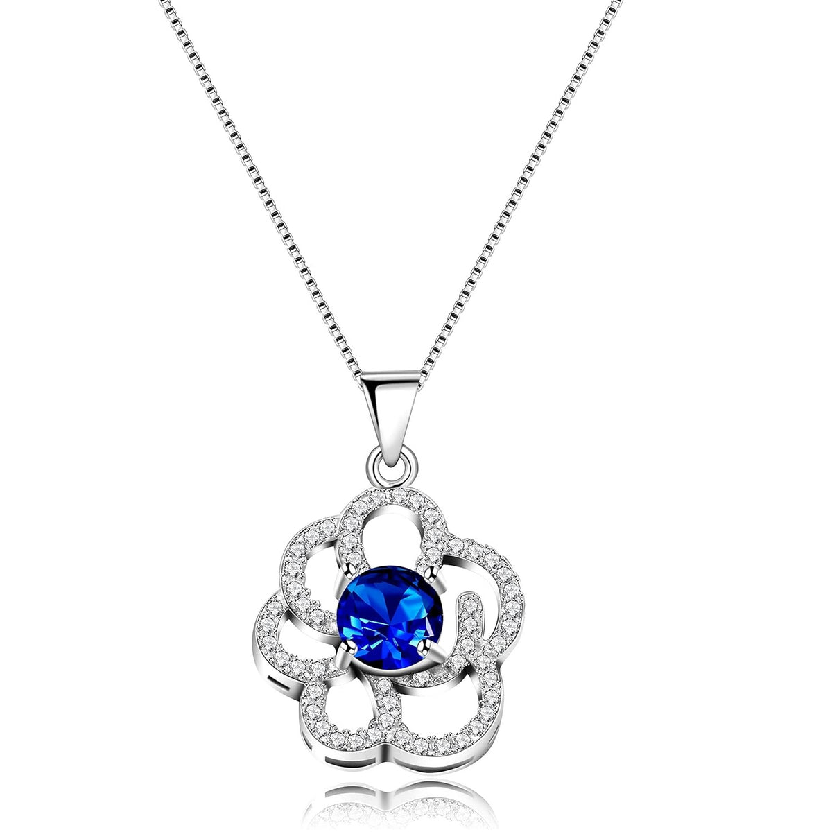 Womens Sterling Silver Blue Corundum Sapphire Birthstone Pendant Sakura Flower Design Elegant Costume Necklace FN402